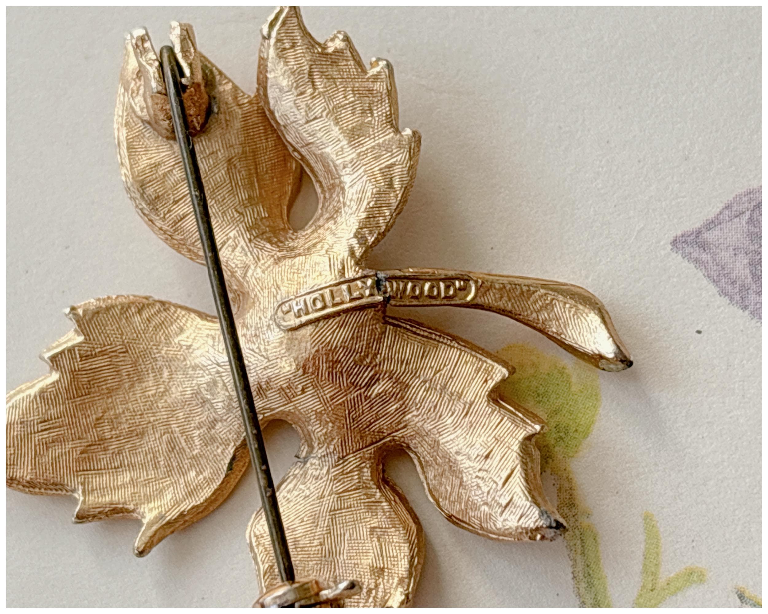 Vintage Gold Toned Autumn Maple Leaf Brooch with Small Turquoise Details by Hollywood