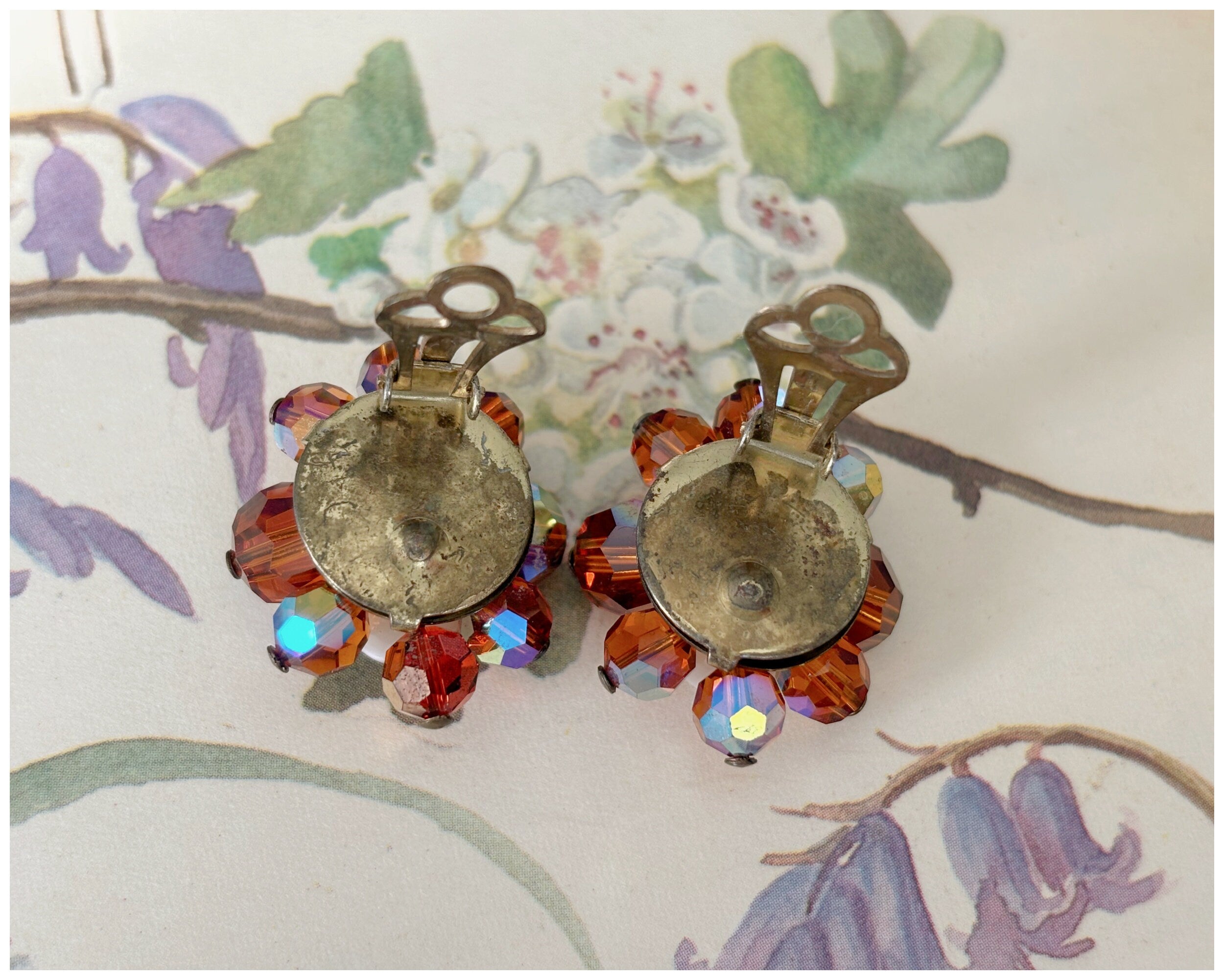 Vintage Glass Bead Cluster Clip On Earrings Orange