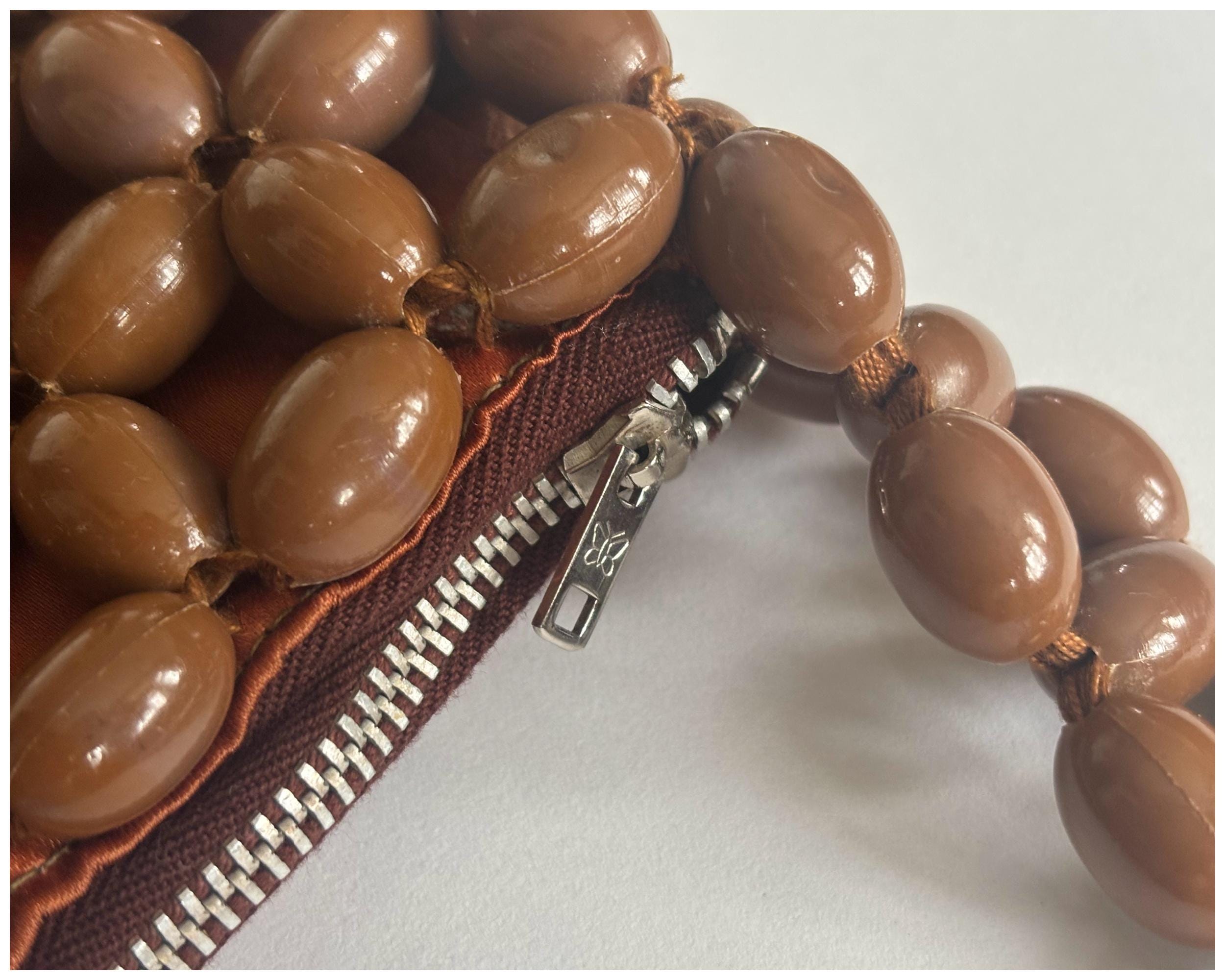 Vintage Retro Brown Plastic Chunky Bead Handbag 60s/70s