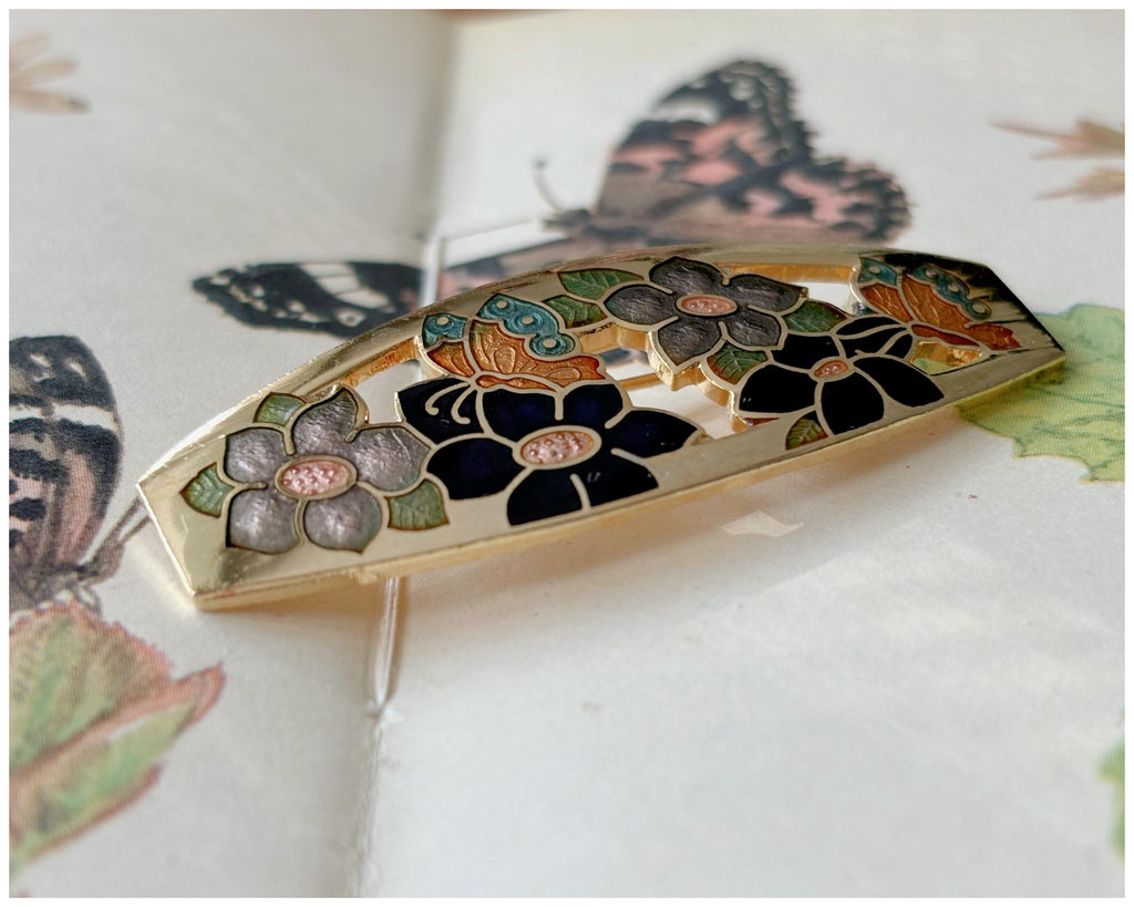 Vintage Cloisonné Flower and Butterfly Bar Brooch Gold Toned