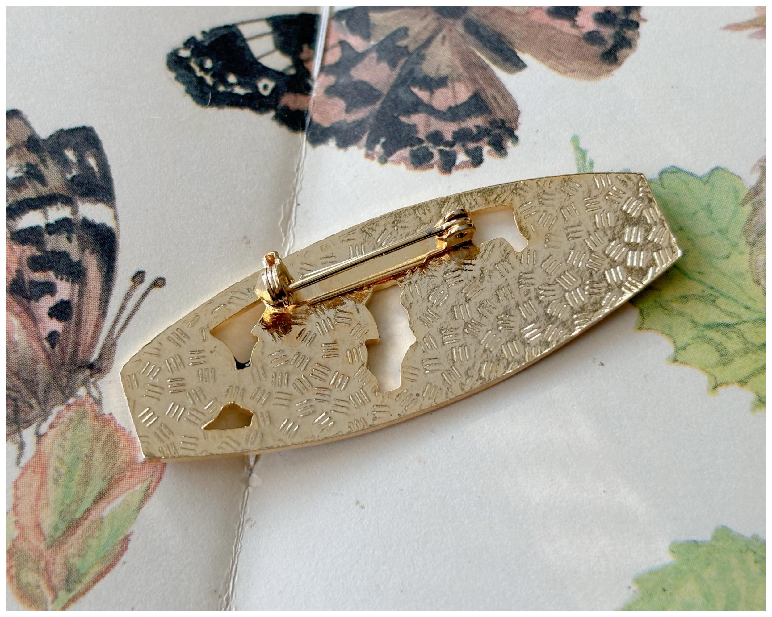 Vintage Cloisonné Flower and Butterfly Bar Brooch Gold Toned