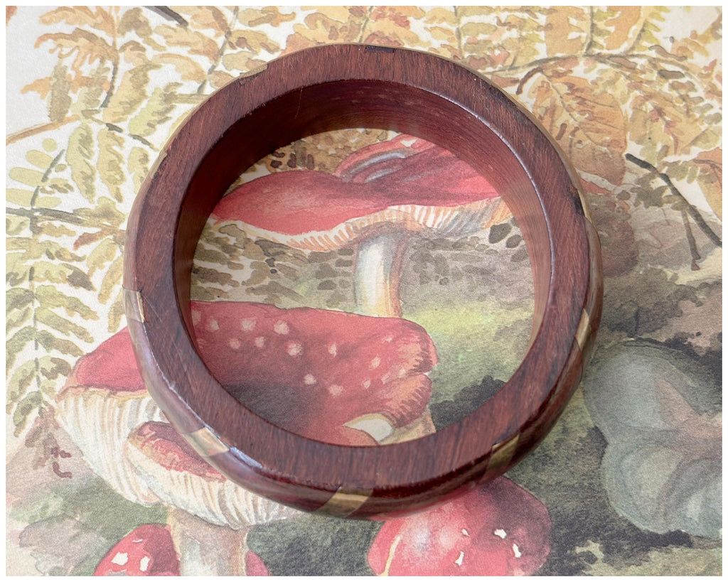 Vintage Chunky Dark Wood Bangle with Brass Stripe Inlay