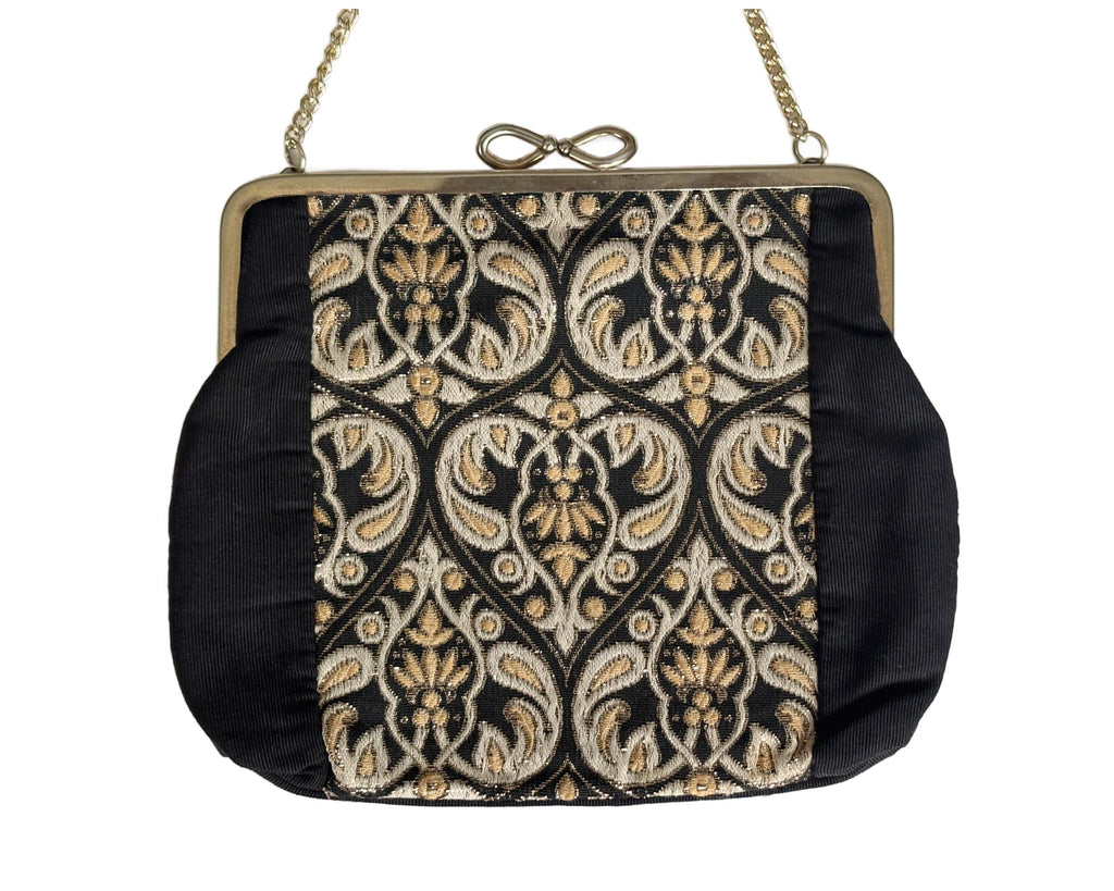 Vintage Black and Gold Brocade and Grosgrain Evening Bag with Gold Chain Handle