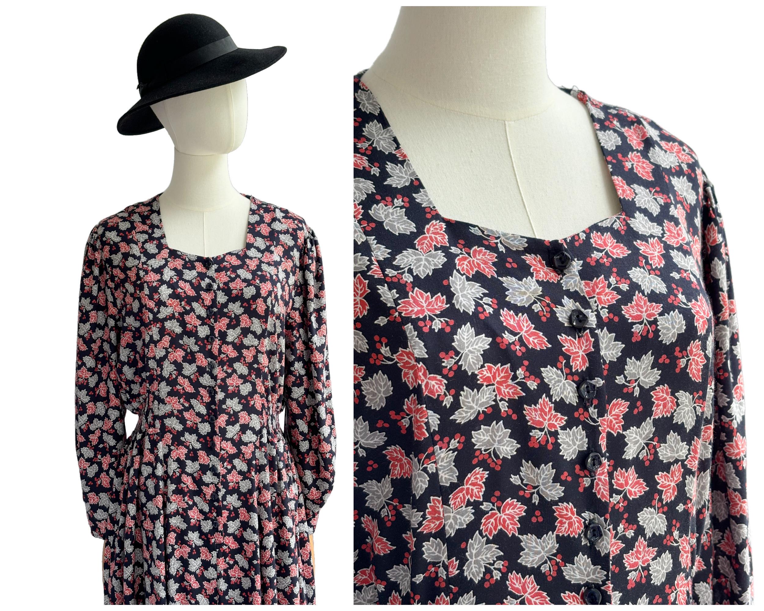 Vintage 90s Viscose Dress with Red and Grey Autumn leaf and Berry Print by BHS | Uk Size 14