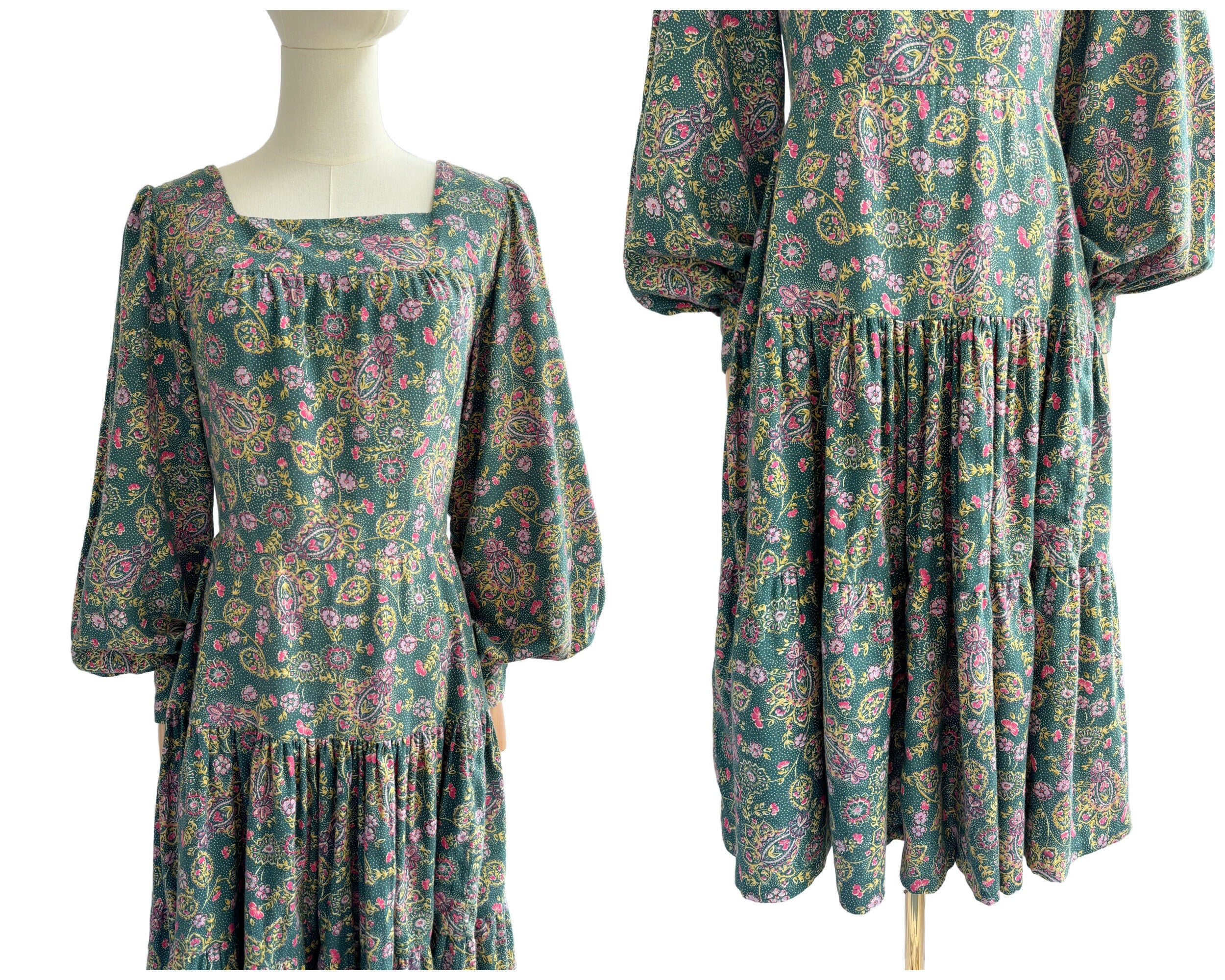 Vintage Wool Blend Green and Pink Floral Dress with Full Tiered Skirt | UK Size 10-12