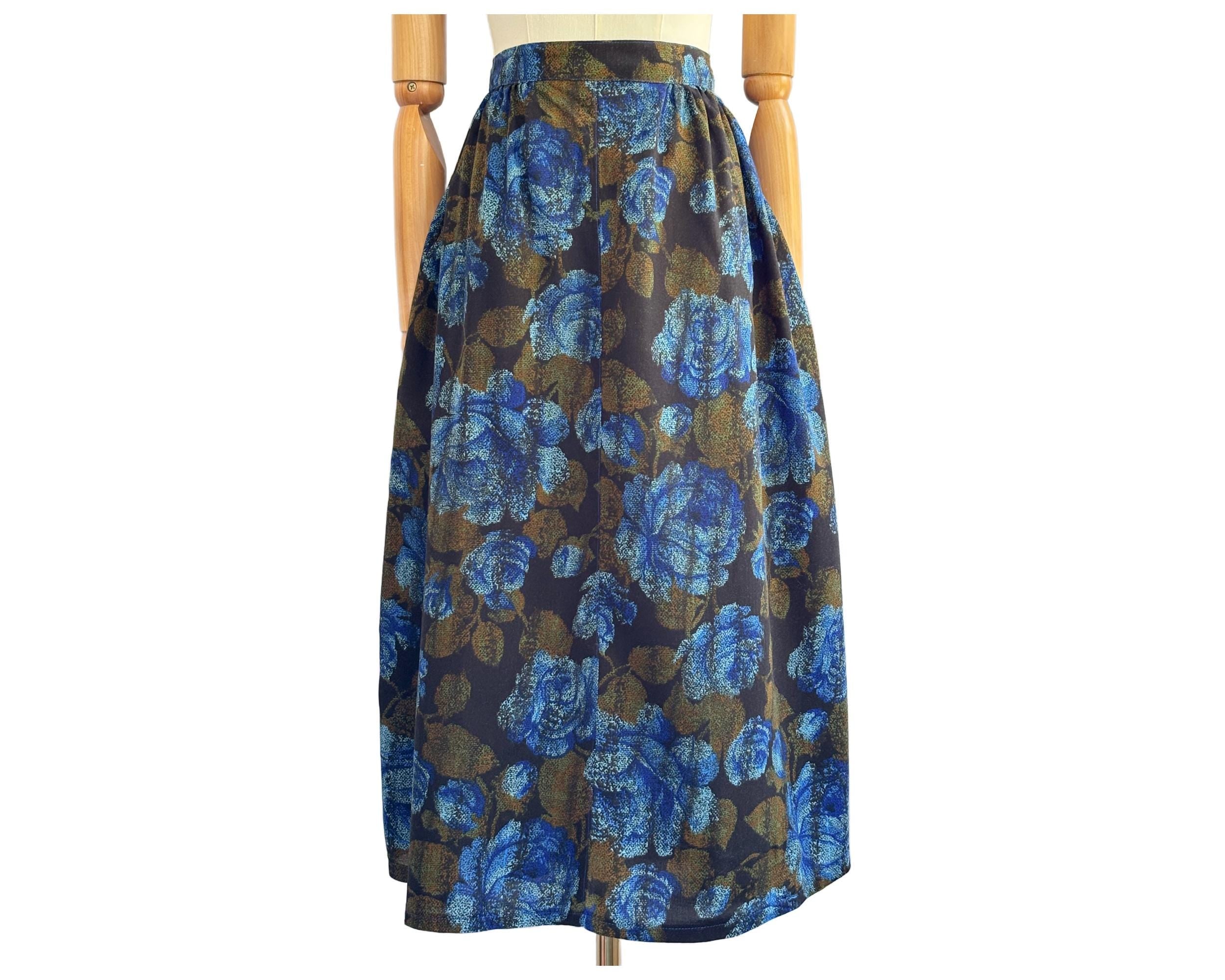 Vintage Nightingales Midi Skirt with Blue Rose Print | UK Size 14