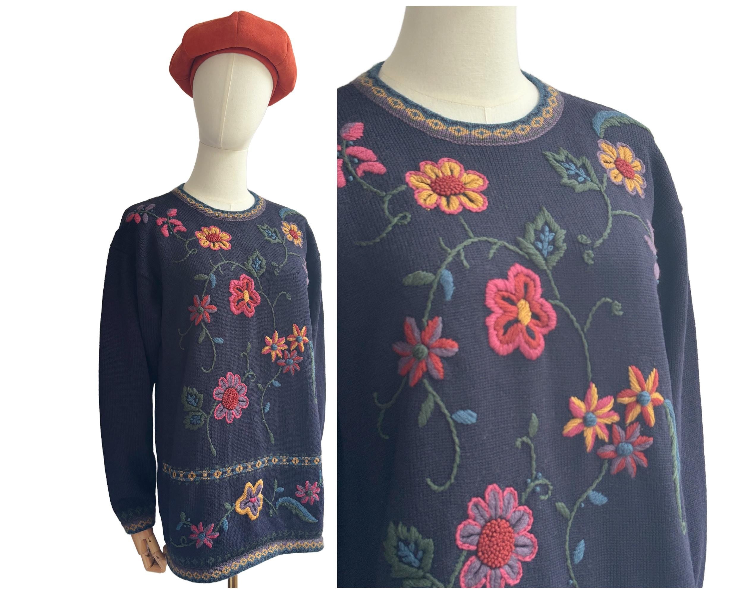 Vintage 1993 St Michael Navy Blue Wool Blend Pullover Jumper Sweater with Floral Embroidery 1990s |