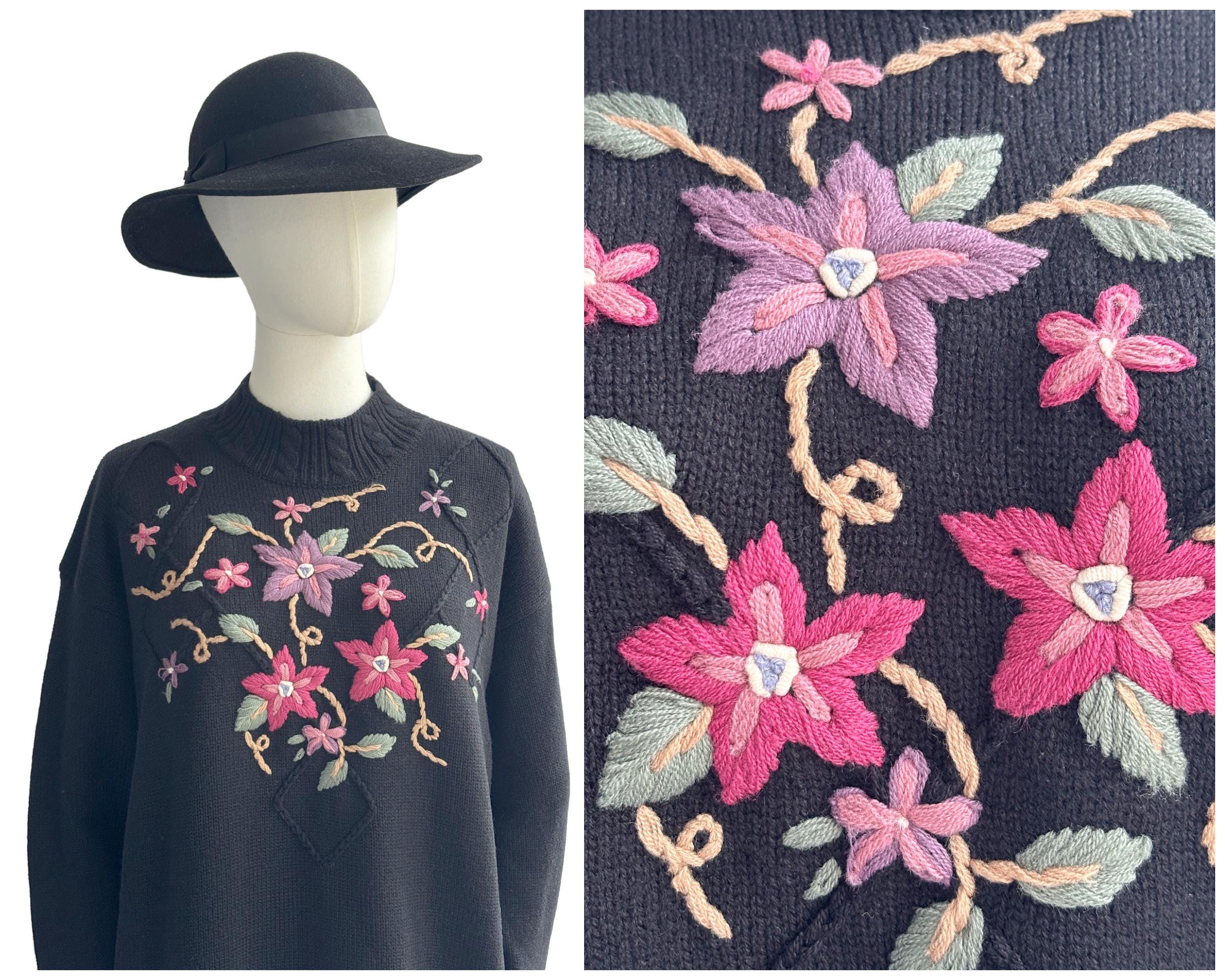 Vintage 80s / 90s St Michael Floral Embroidered Lambswool Blend Pullover Jumper Sweater | UK Size 14