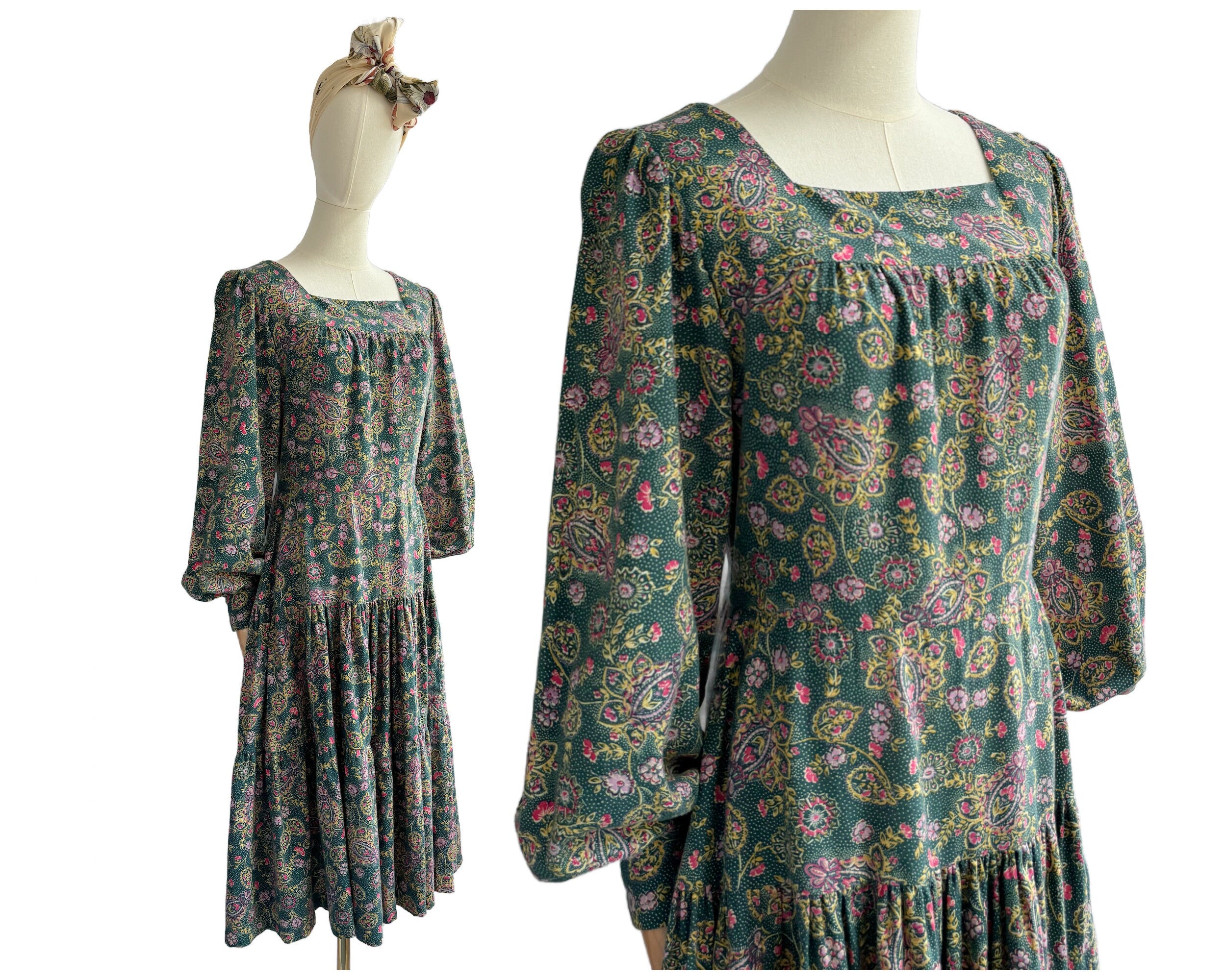Vintage Wool Blend Green and Pink Floral Dress with Full Tiered Skirt | UK Size 10-12