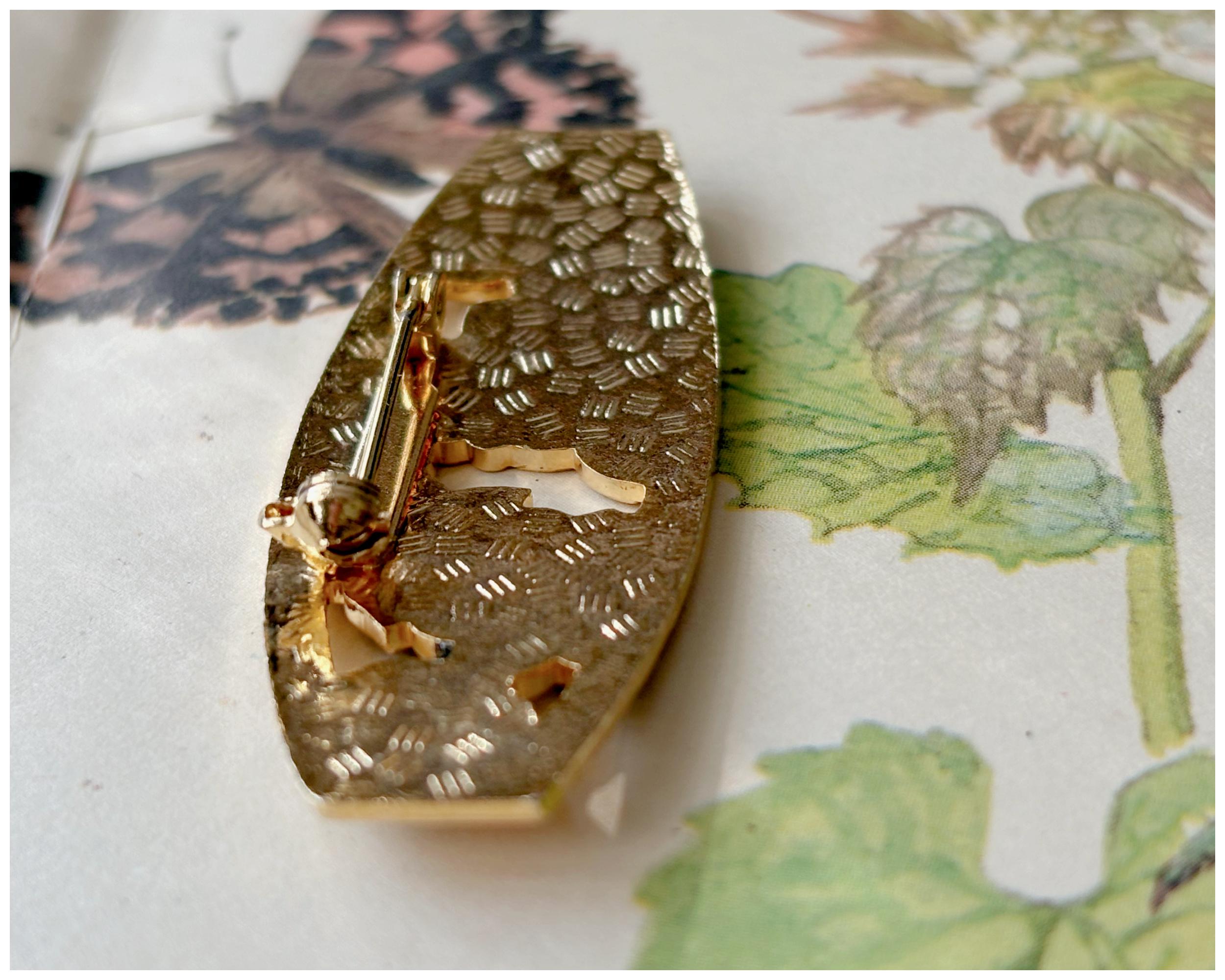 Vintage Cloisonné Flower and Butterfly Bar Brooch Gold Toned