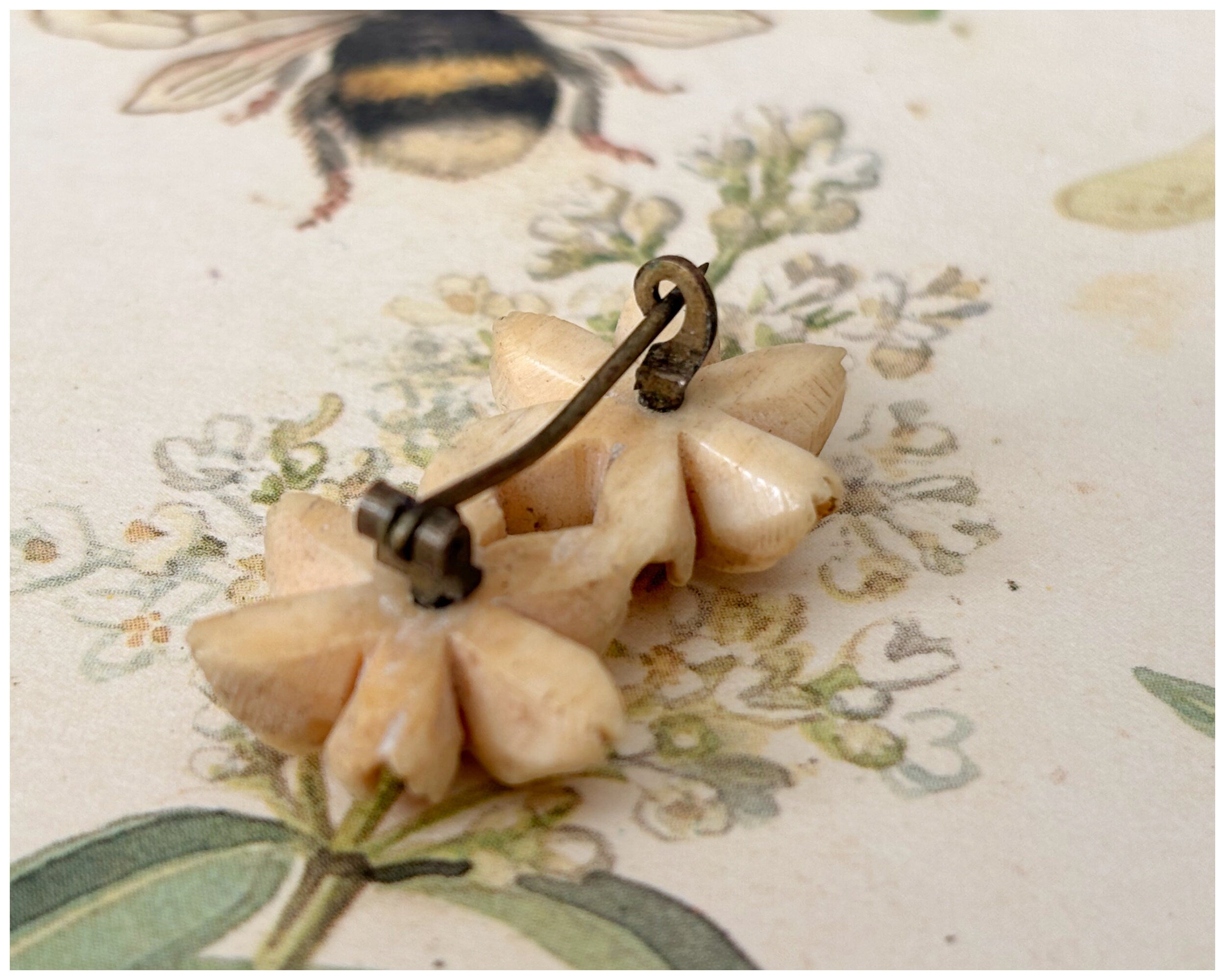 Vintage Carved Bovine Bone Alpine Edelweiss Wild Flower Brooch Pair
