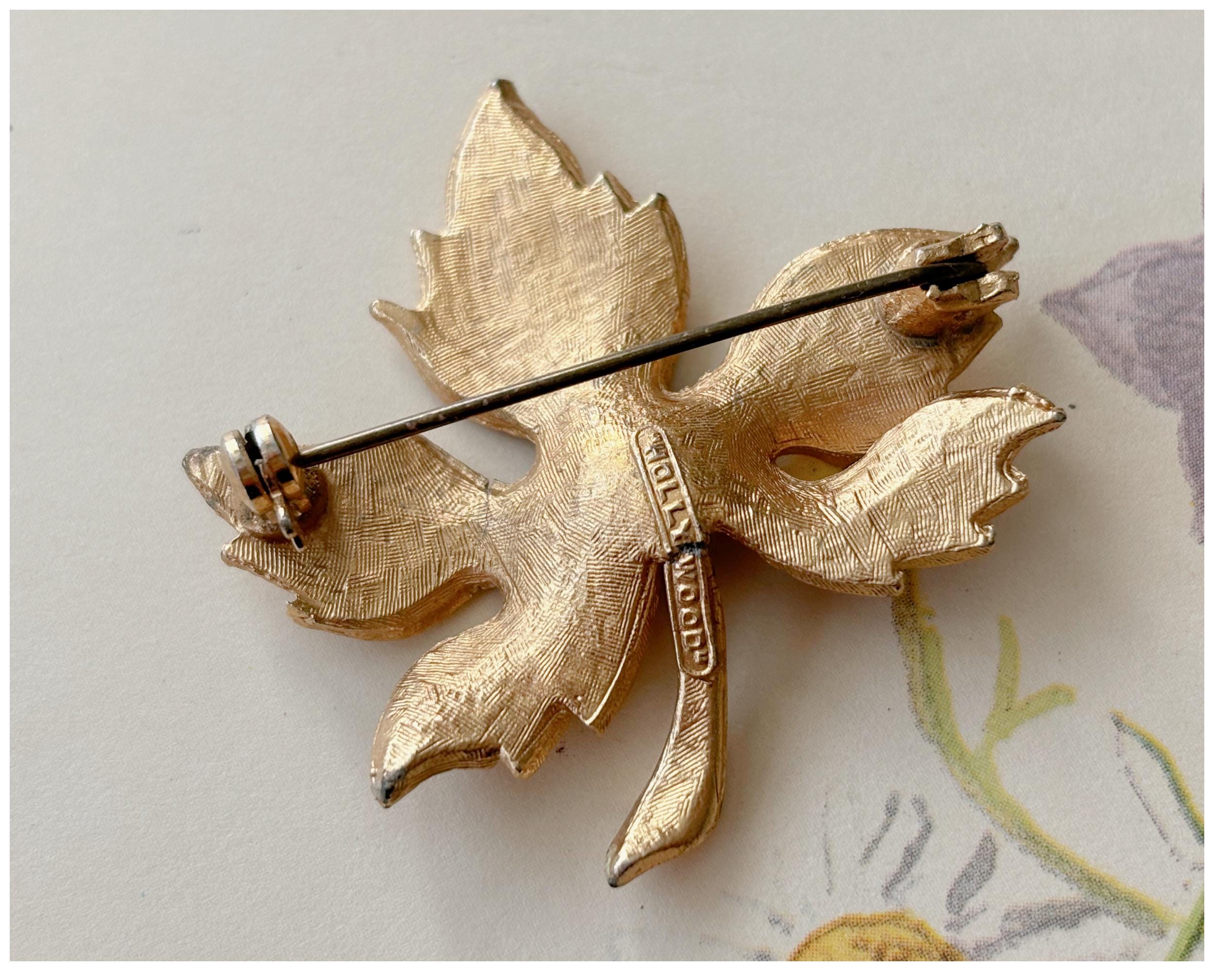 Vintage Gold Toned Autumn Maple Leaf Brooch with Small Turquoise Details by Hollywood