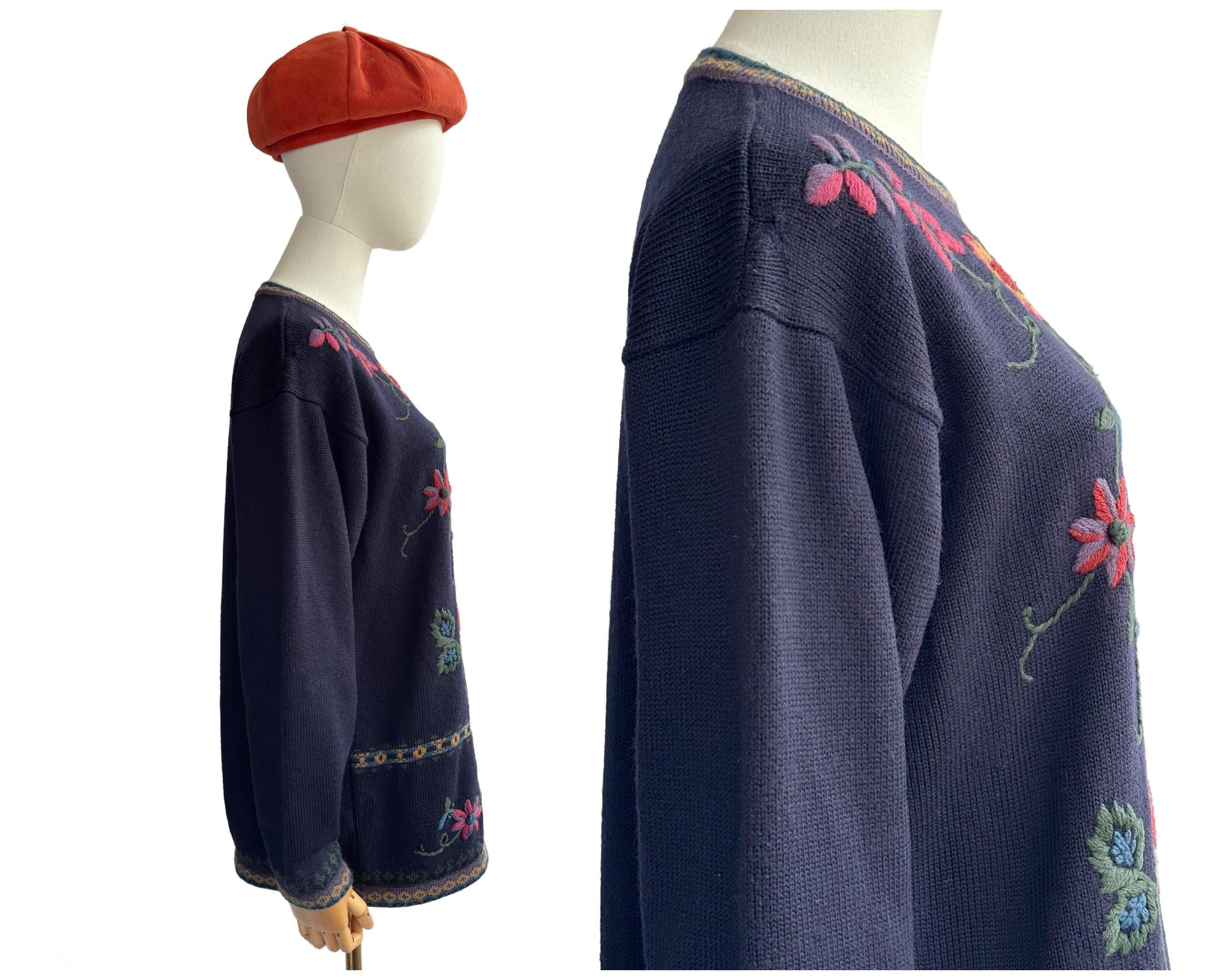Vintage 1993 St Michael Navy Blue Wool Blend Pullover Jumper Sweater with Floral Embroidery 1990s |