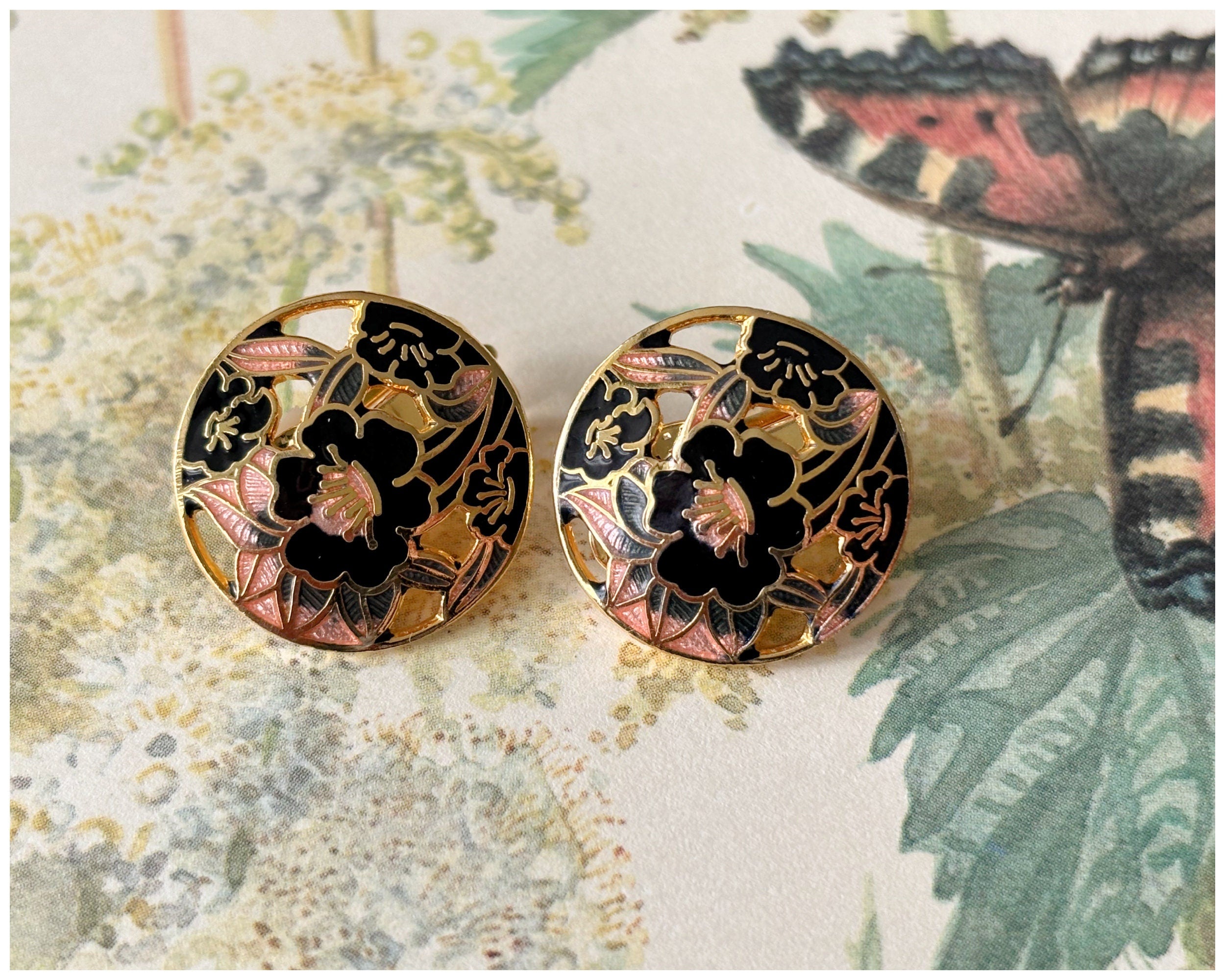 Vintage Cloisonné Enamel Pink and Black Floral Clip On Earrings