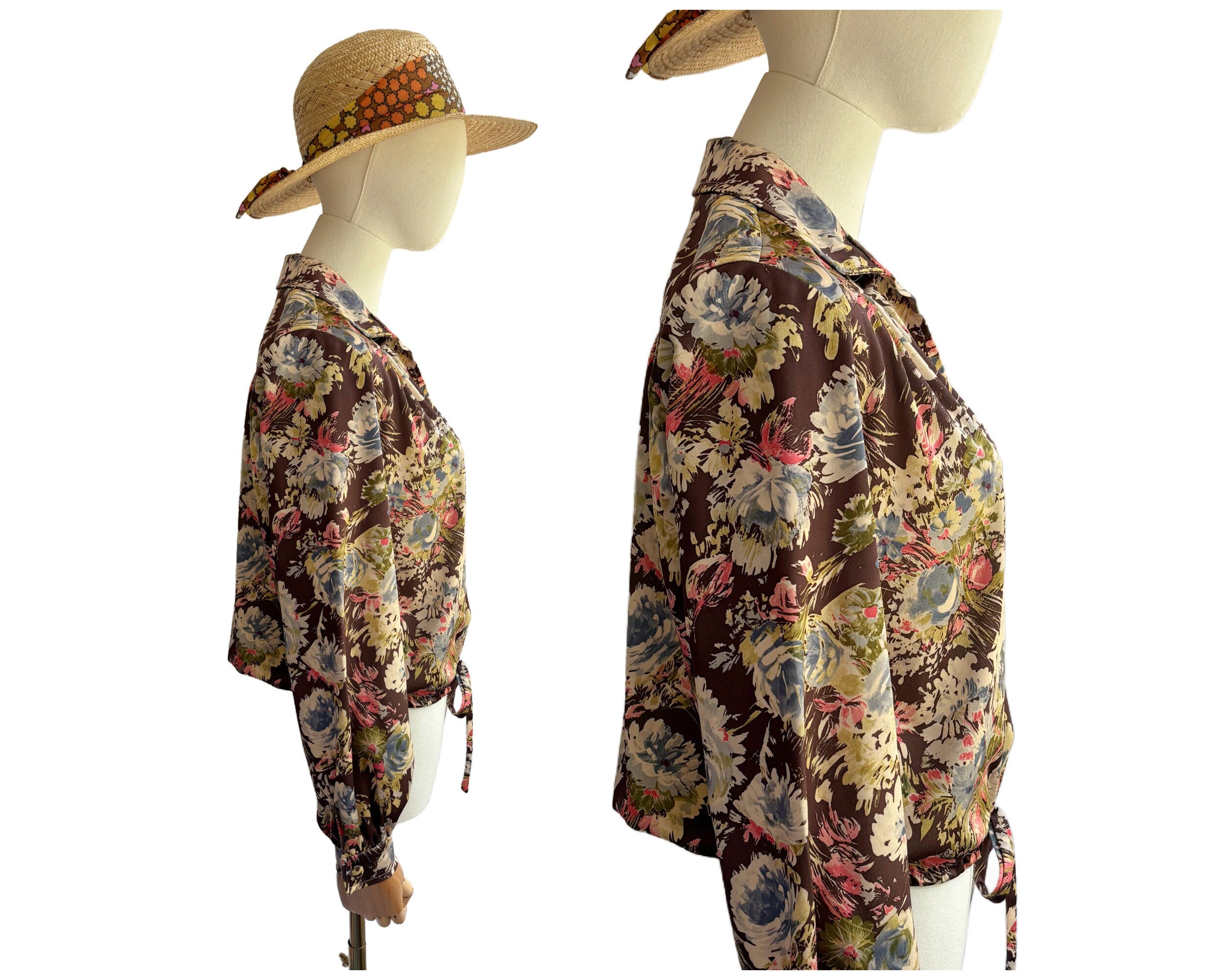 Vintage 1970s Brown Blue and Pink Floral Blouse with Draw String Waist and Pointy Collar | UK Size 1