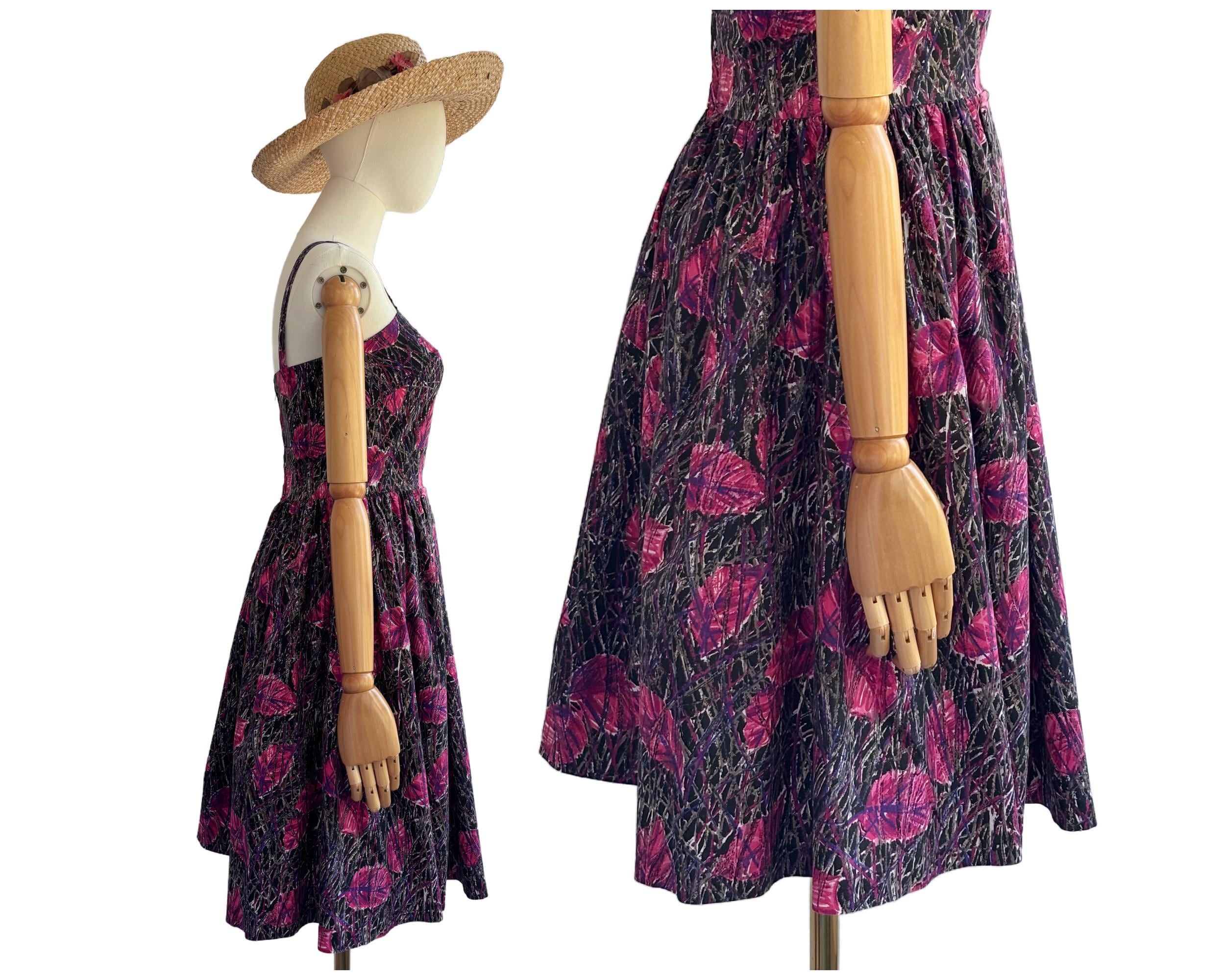 Vintage 1950s Cotton Abstract Painterly Leaf Print Strappy Dress with Full Skirt Pink Black Purple |