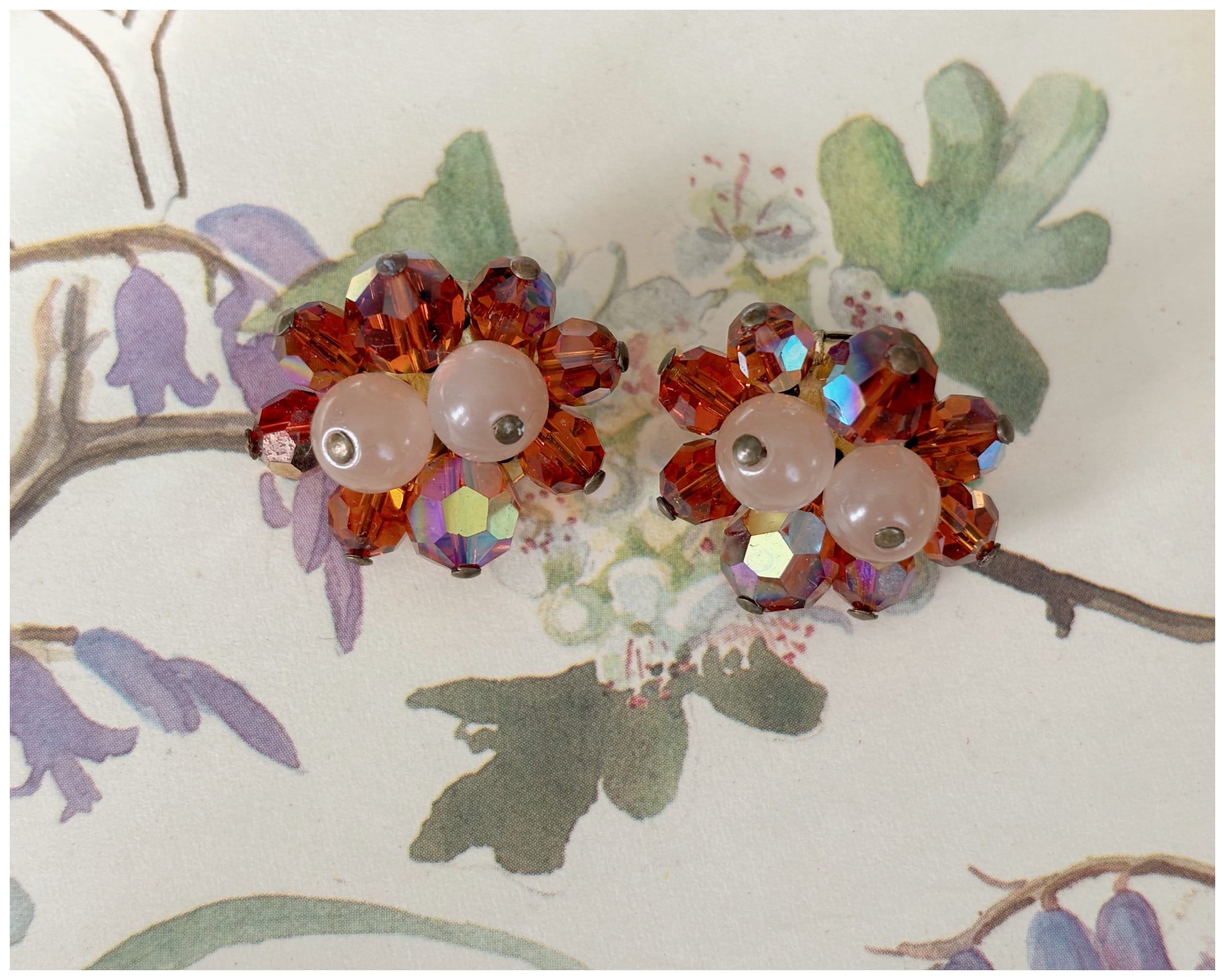 Vintage Glass Bead Cluster Clip On Earrings Orange