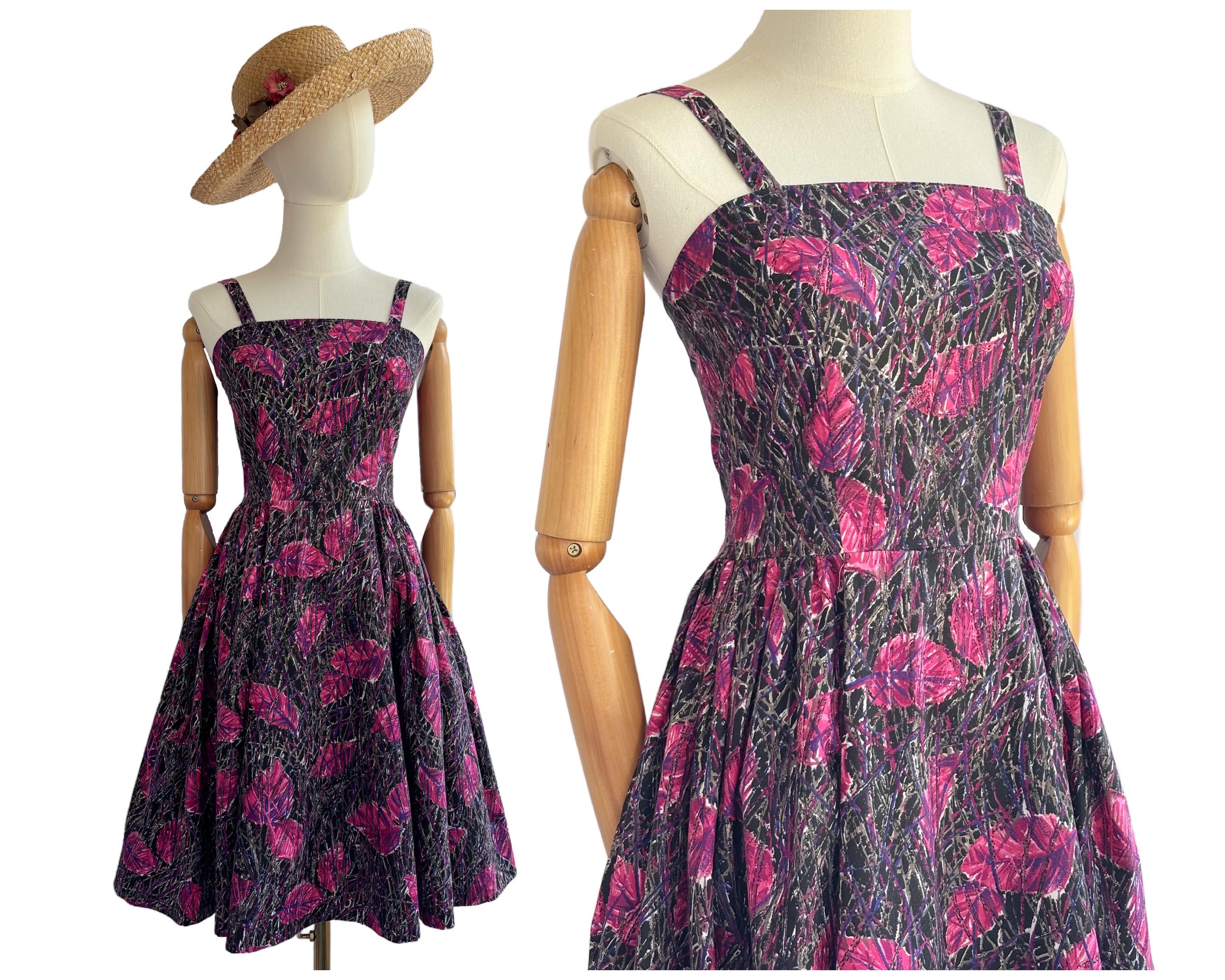 Vintage 1950s Cotton Abstract Painterly Leaf Print Strappy Dress with Full Skirt Pink Black Purple |