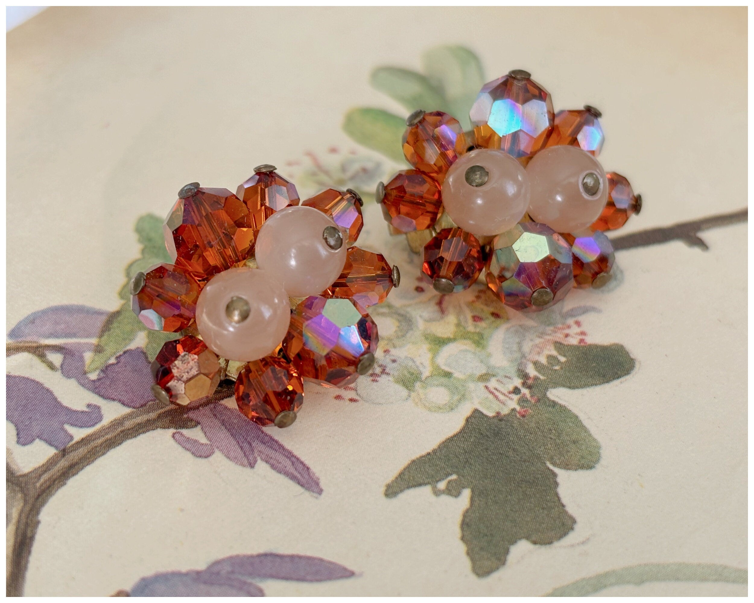 Vintage Glass Bead Cluster Clip On Earrings Orange
