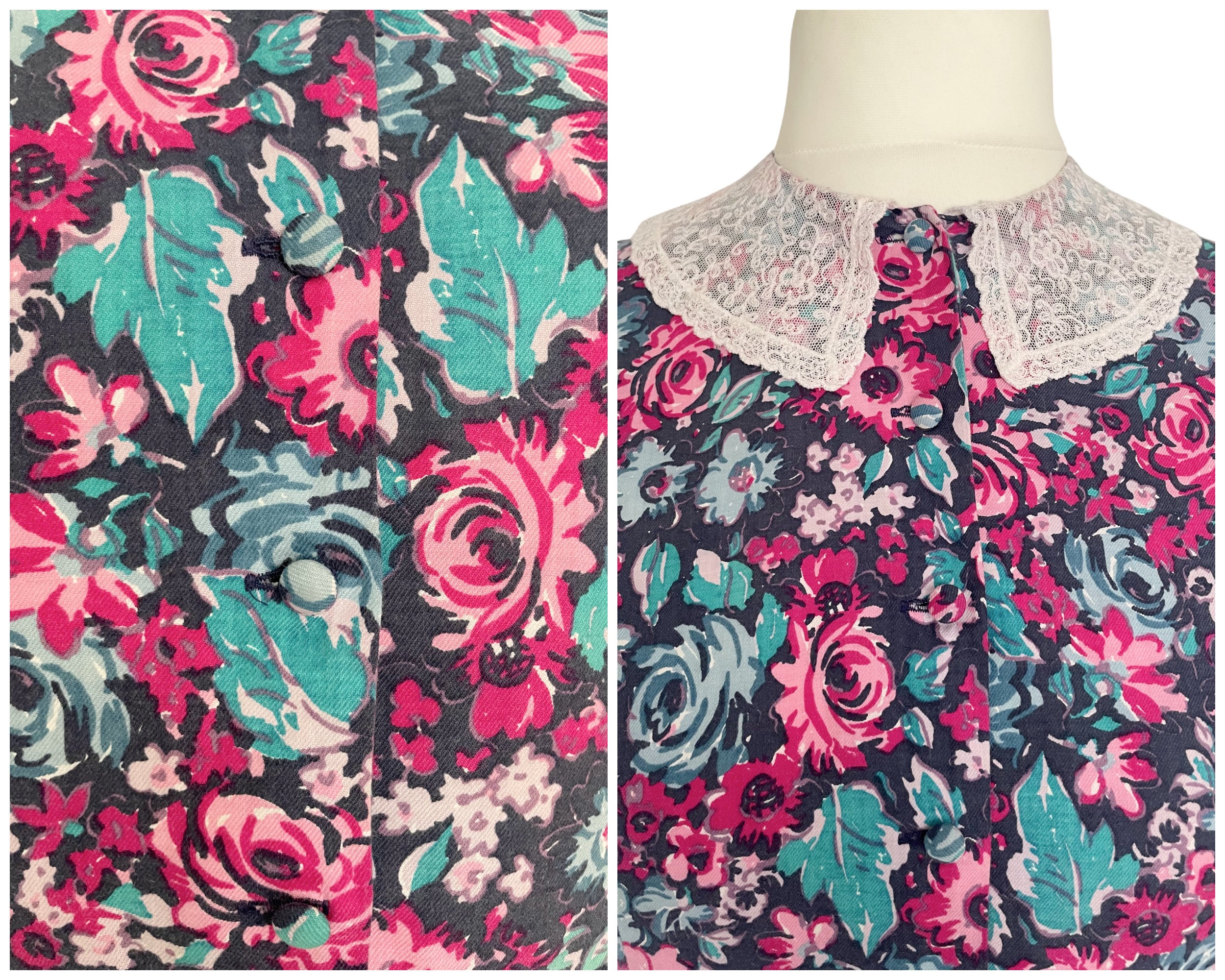 Vintage Laura Ashley Brushed Cotton Floral Rose Print Shirtwaist Dress with Long Sleeves and White L
