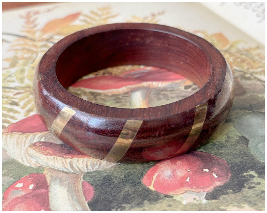 Vintage Chunky Dark Wood Bangle with Brass Stripe Inlay