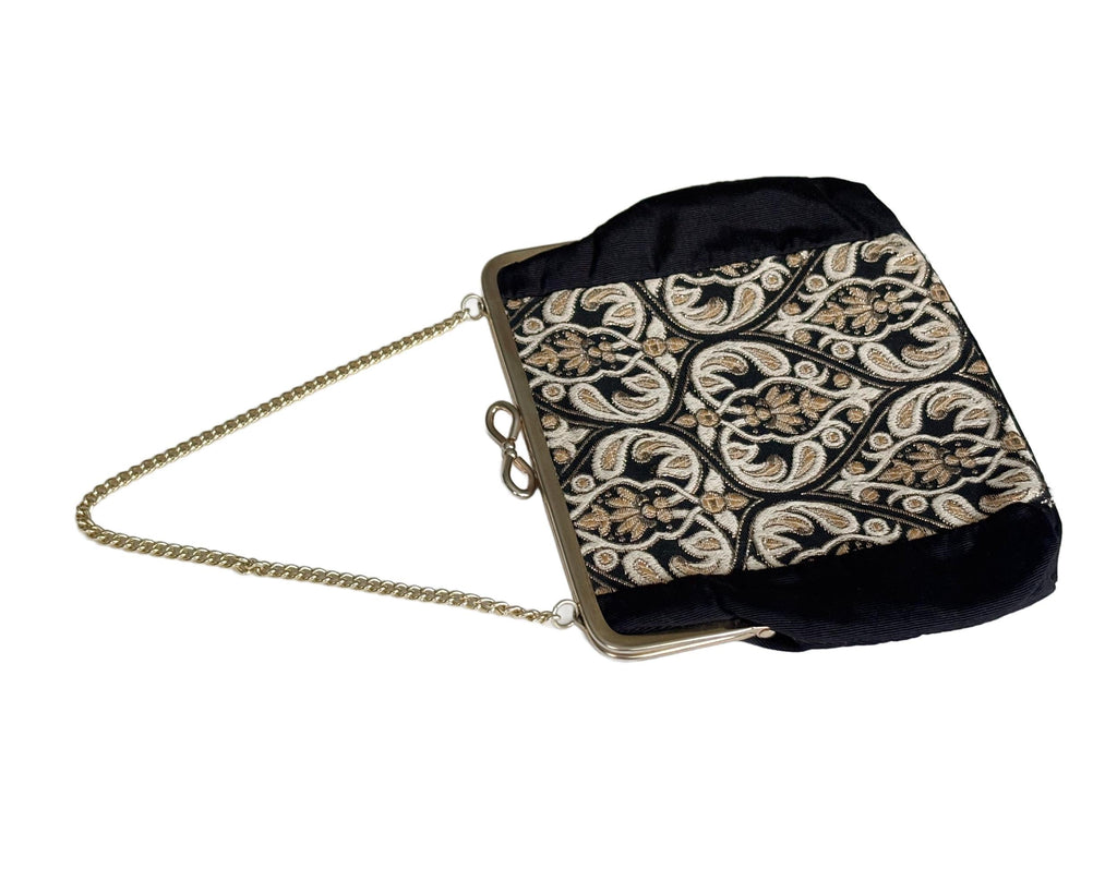 Vintage Black and Gold Brocade and Grosgrain Evening Bag with Gold Chain Handle