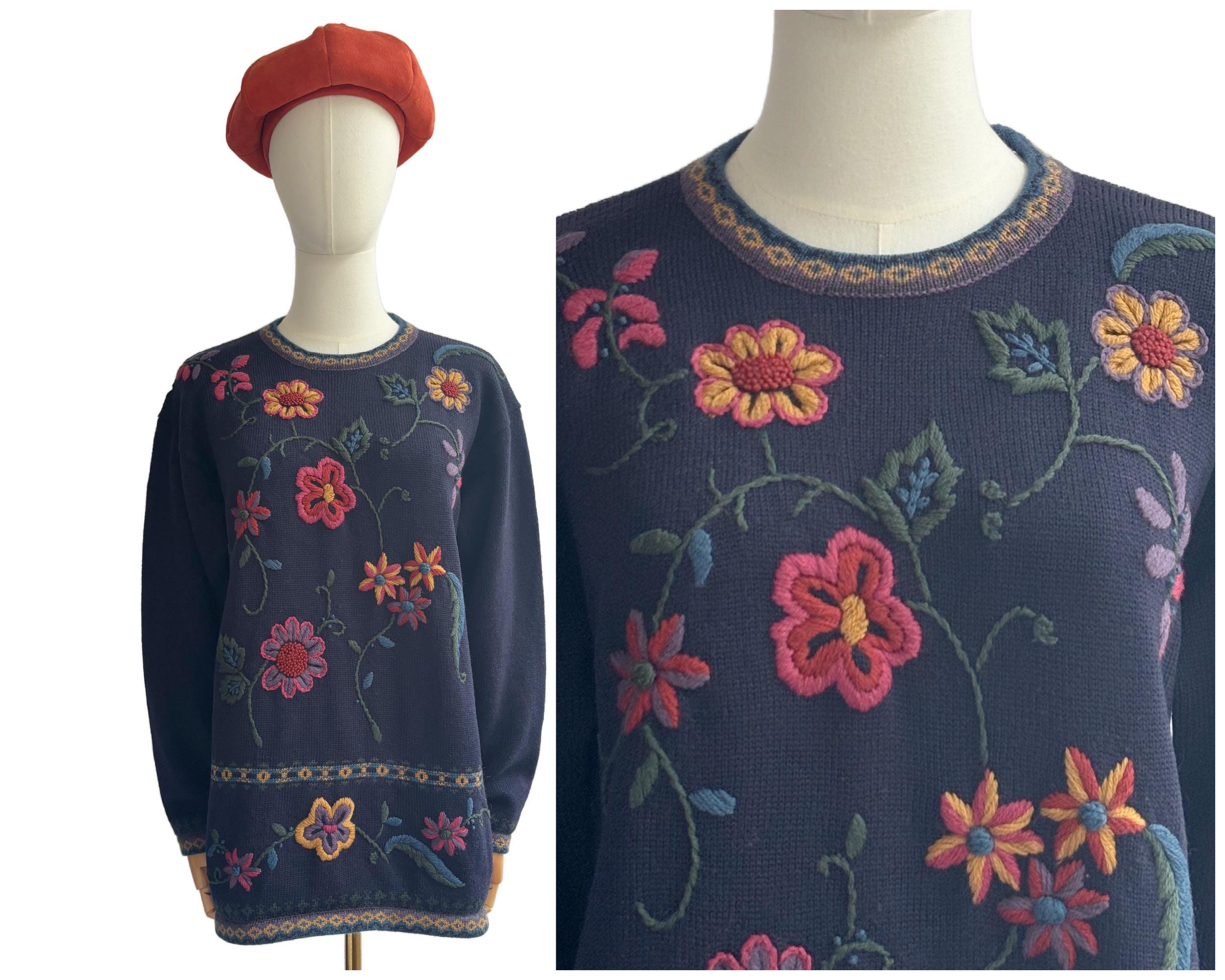 Vintage 1993 St Michael Navy Blue Wool Blend Pullover Jumper Sweater with Floral Embroidery 1990s |