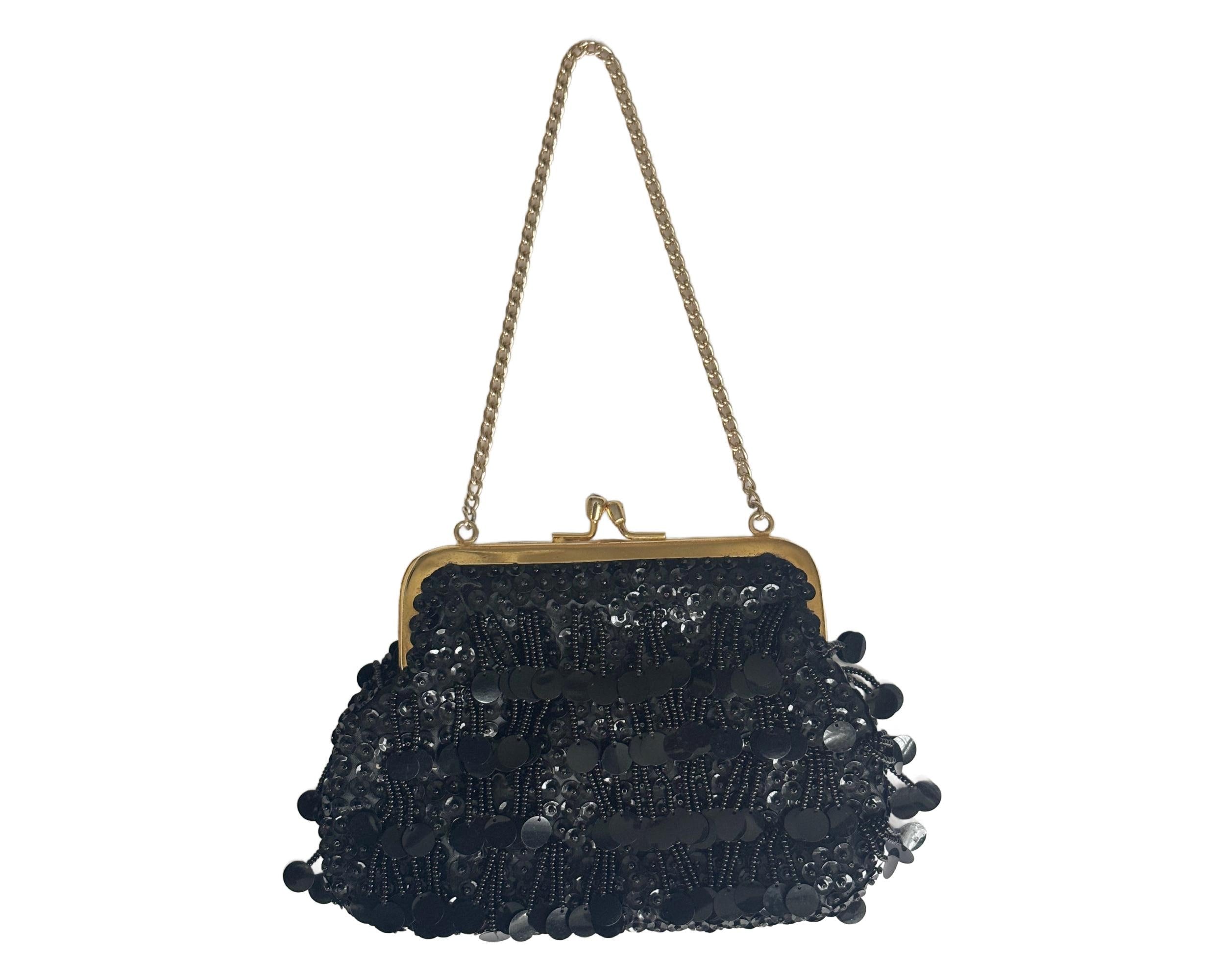 Vintage Black and Gold Brocade and Grosgrain Evening Bag with Gold Chain Handle