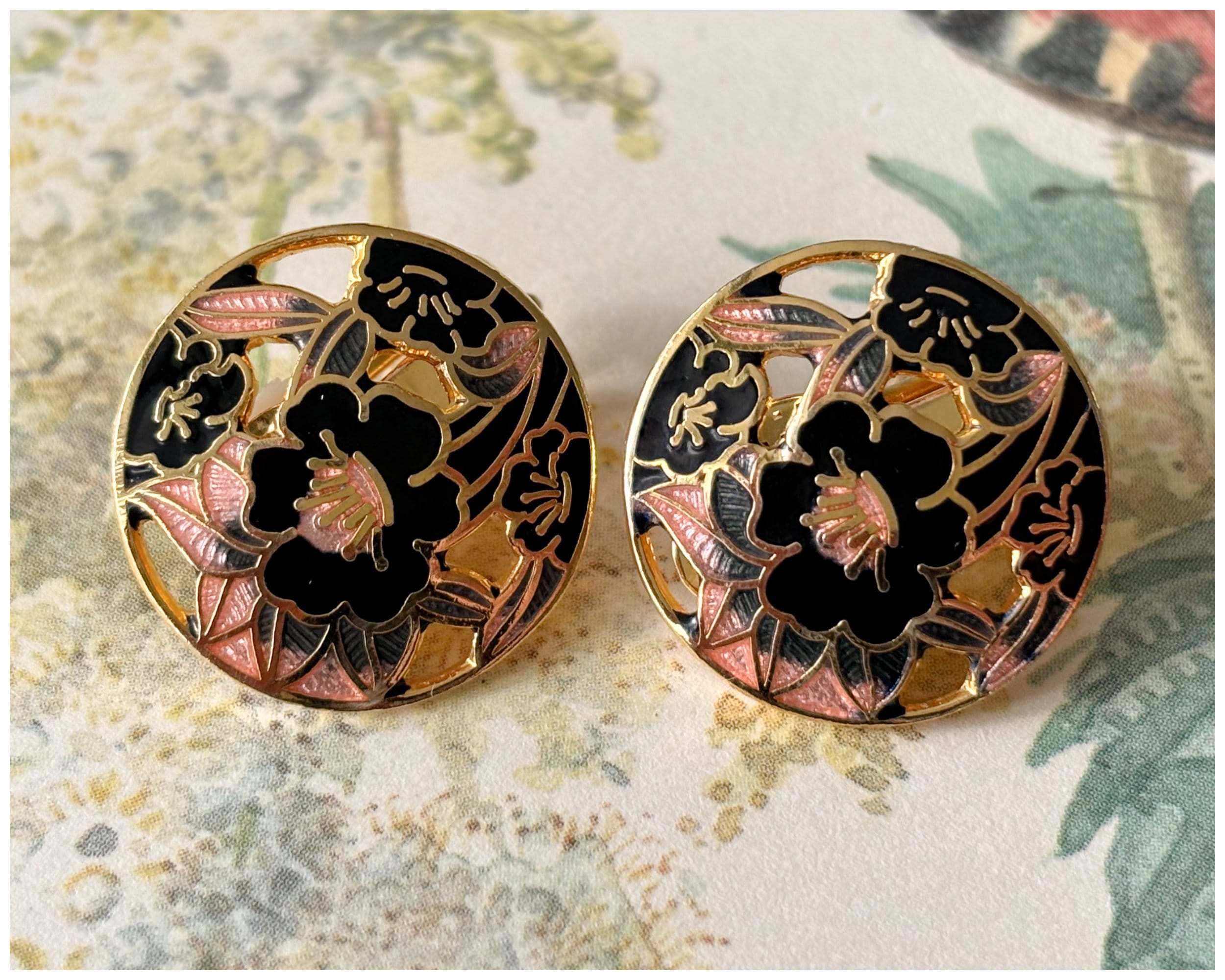 Vintage Cloisonné Enamel Pink and Black Floral Clip On Earrings