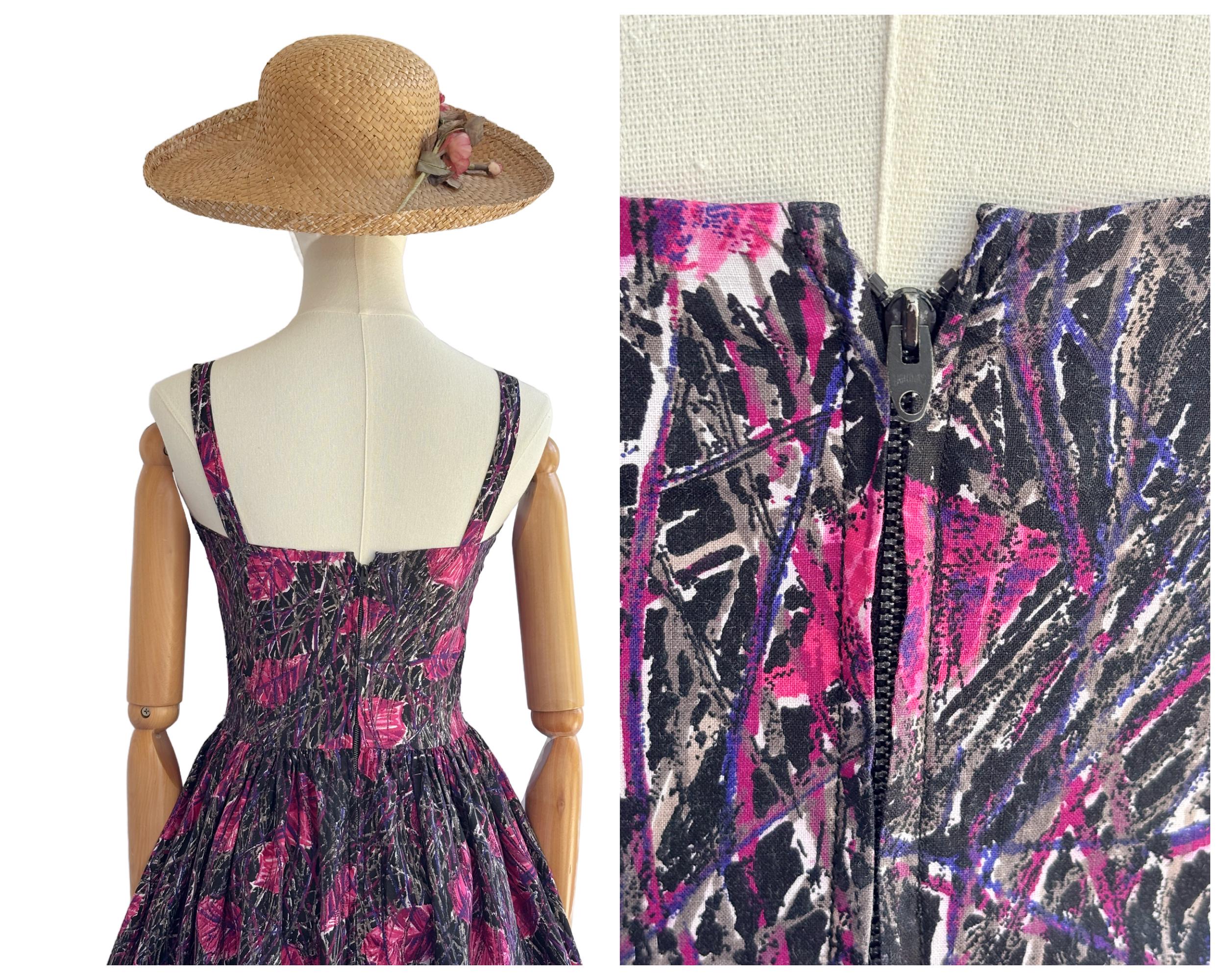 Vintage 1950s Cotton Abstract Painterly Leaf Print Strappy Dress with Full Skirt Pink Black Purple |
