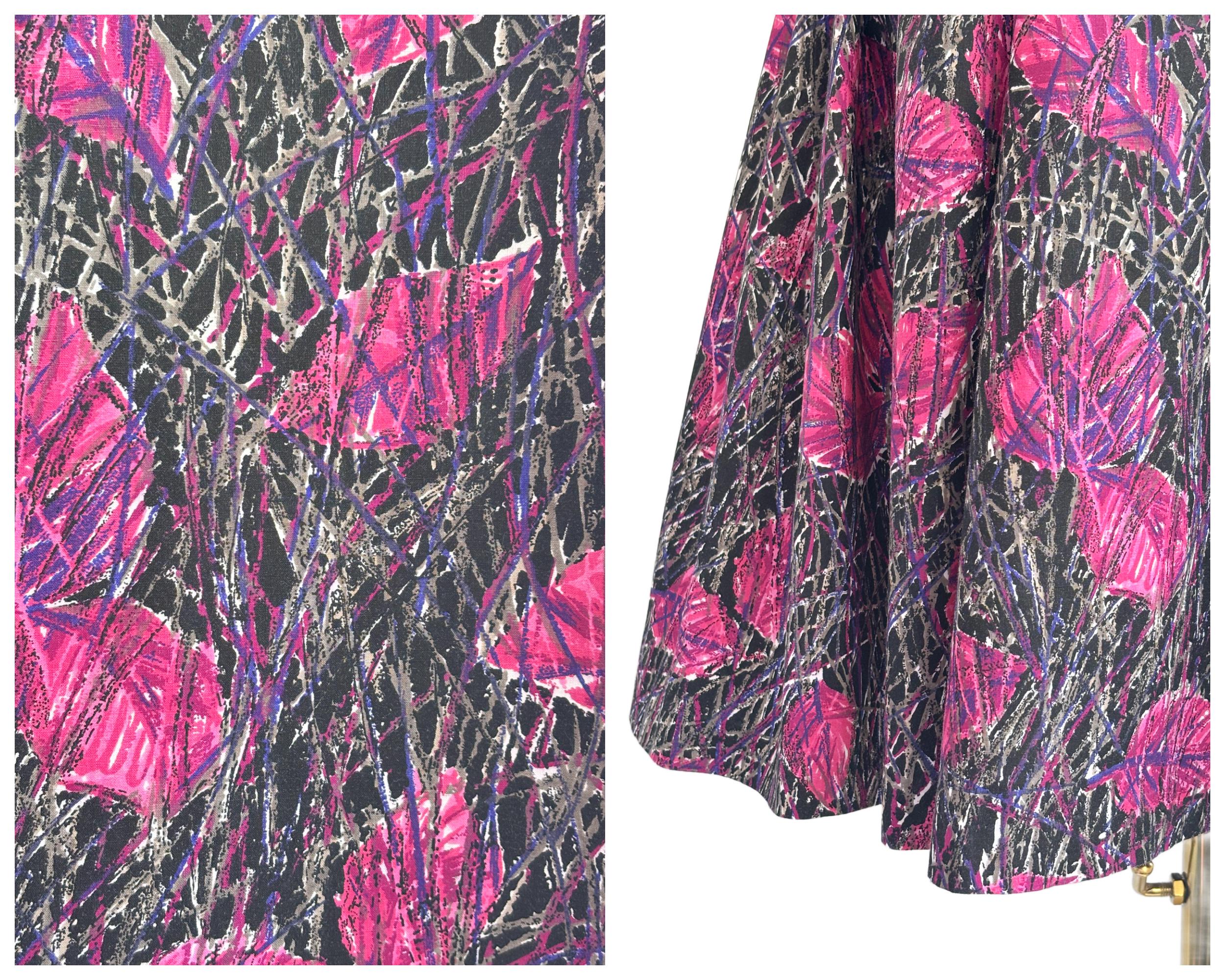 Vintage 1950s Cotton Abstract Painterly Leaf Print Strappy Dress with Full Skirt Pink Black Purple |
