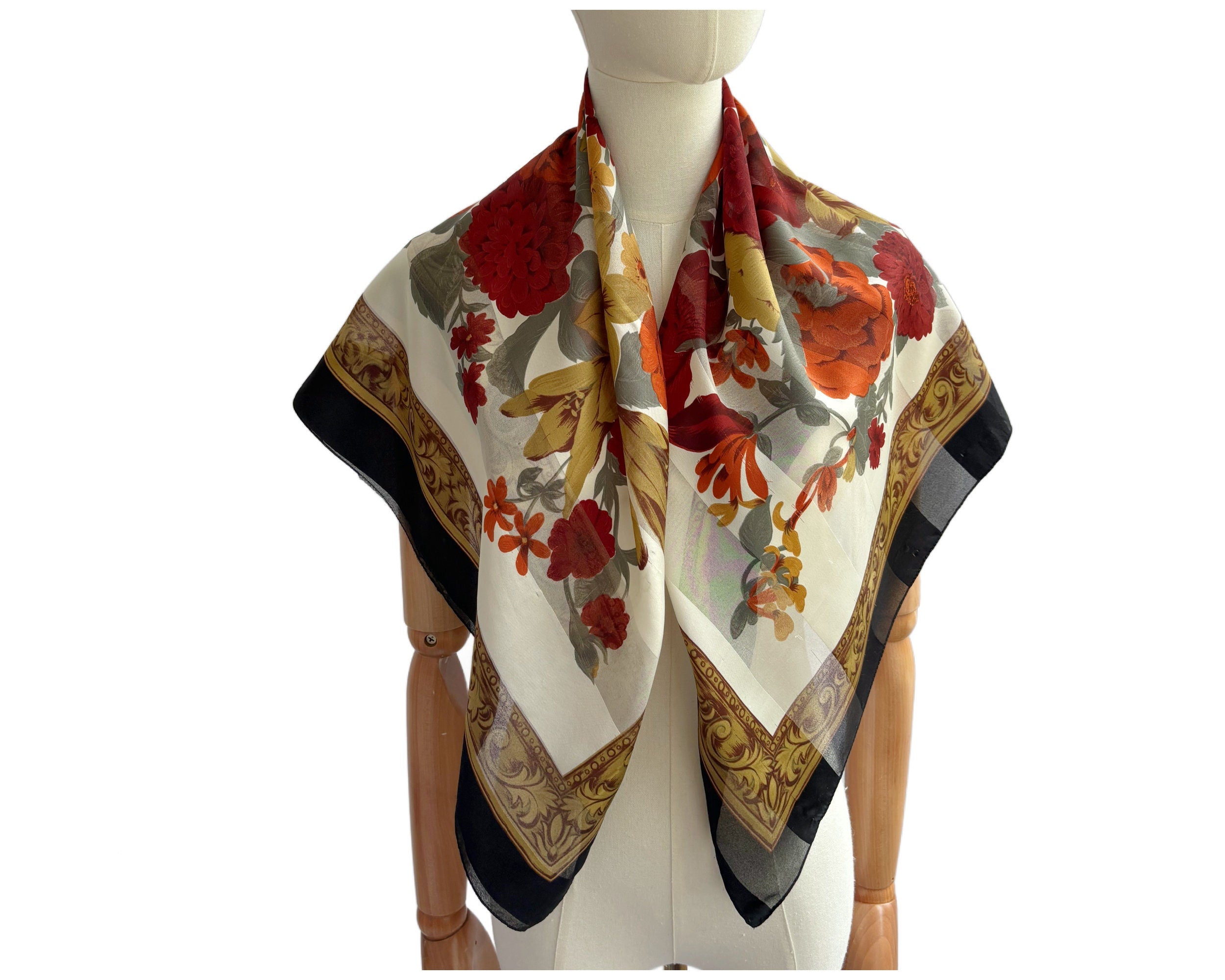 Vintage Square Scarf with Black Border and Orange Yellow and Red Floral Design