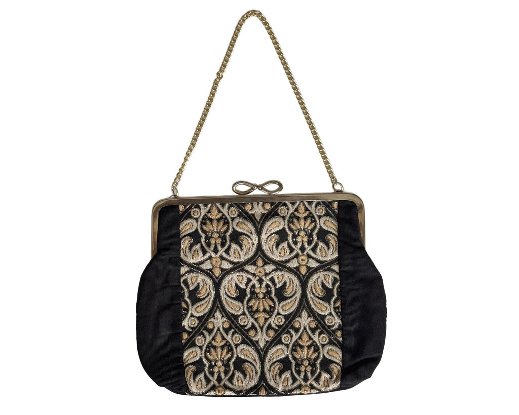 Vintage Black and Gold Brocade and Grosgrain Evening Bag with Gold Chain Handle