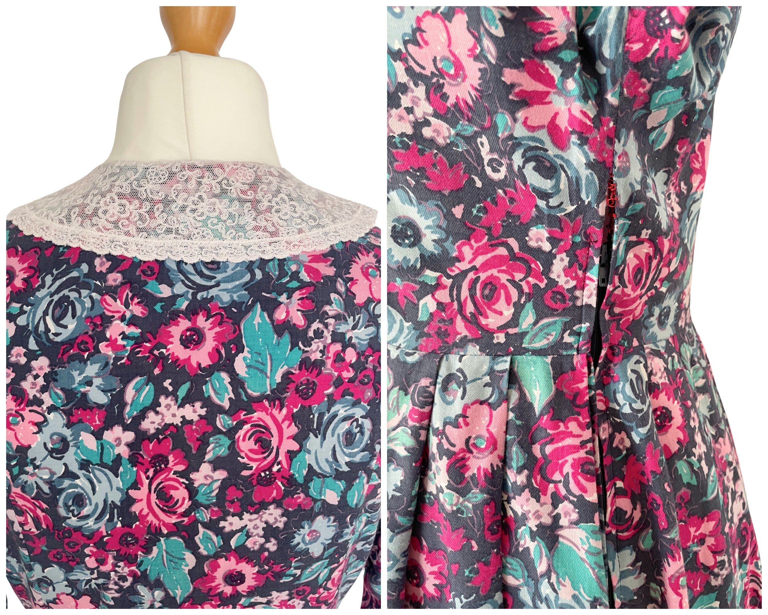Vintage Laura Ashley Brushed Cotton Floral Rose Print Shirtwaist Dress with Long Sleeves and White L