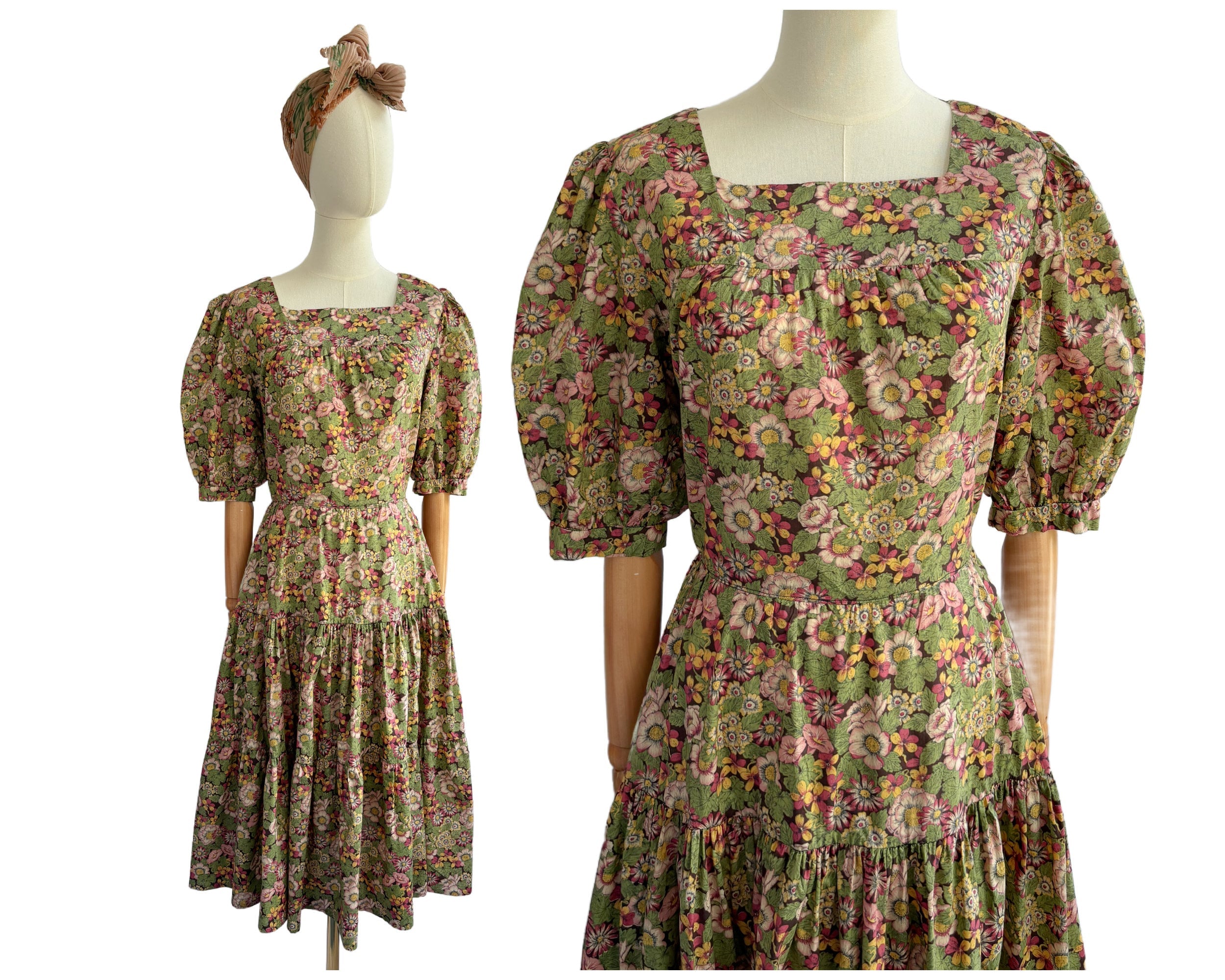 Vintage 1970s Pink and Green Floral Cotton Dress with Tiered Full Skirt | UK Size 10