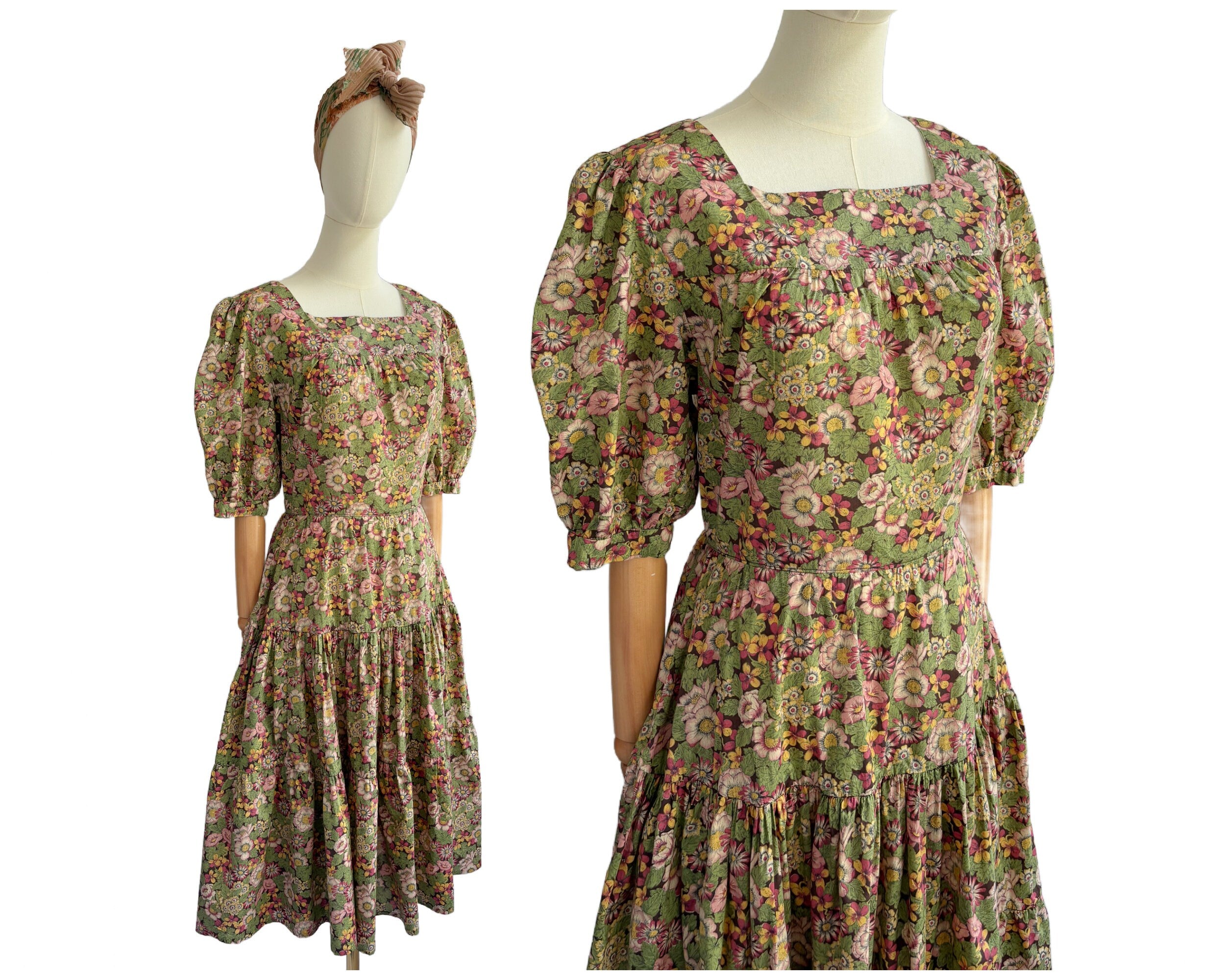 Vintage 1970s Pink and Green Floral Cotton Dress with Tiered Full Skirt | UK Size 10