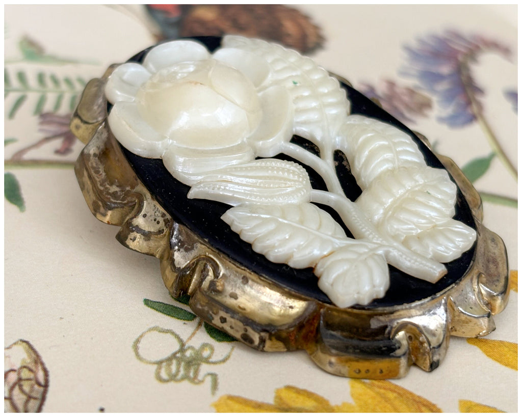 Vintage Early Plastic Moulded Rose Cameo Brooch Black Cream and Gold Celluloid?