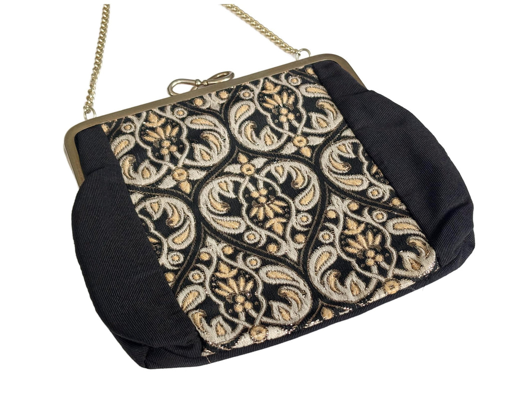 Vintage Black and Gold Brocade and Grosgrain Evening Bag with Gold Chain Handle
