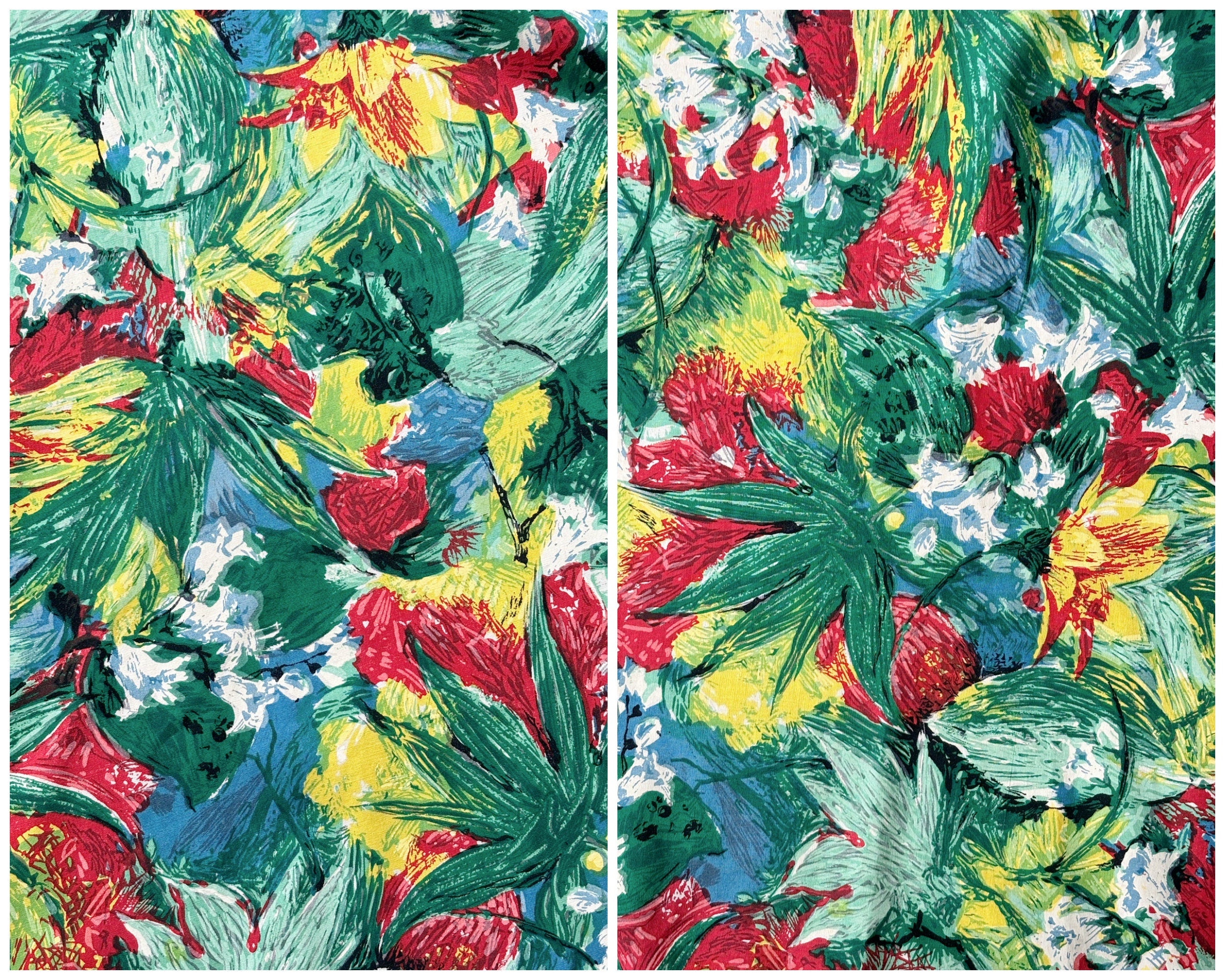 Vintage 1950s Cotton Painterly Floral Full Circle Skirt Green Red Yellow Blue | UK Size 12