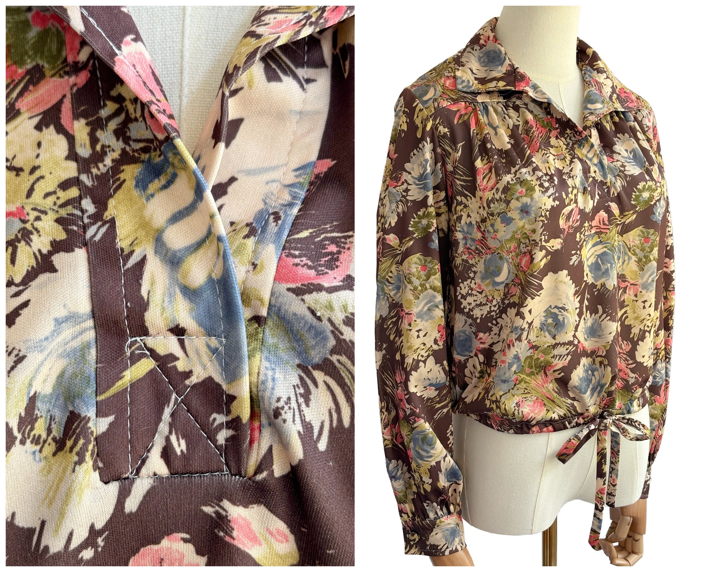Vintage 1970s Brown Blue and Pink Floral Blouse with Draw String Waist and Pointy Collar | UK Size 1