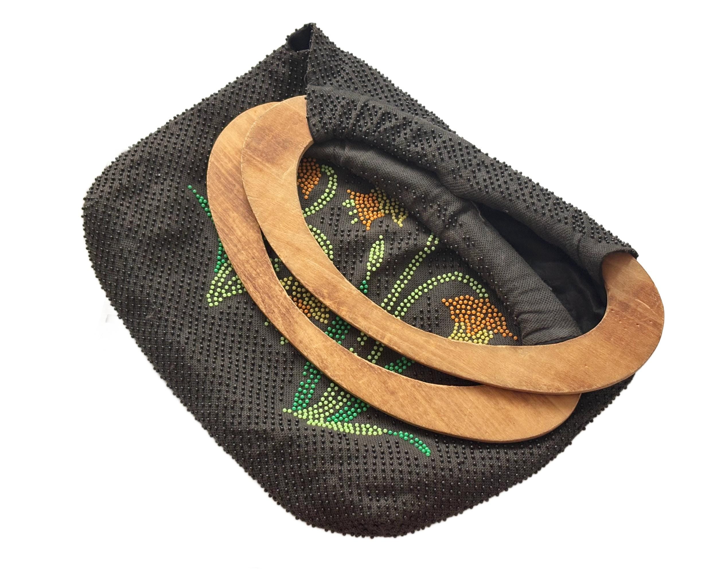 Vintage Retro 1970s Large Beaded Handbag with Daffodil Floral Design and Wooden Handle Knitting Bag