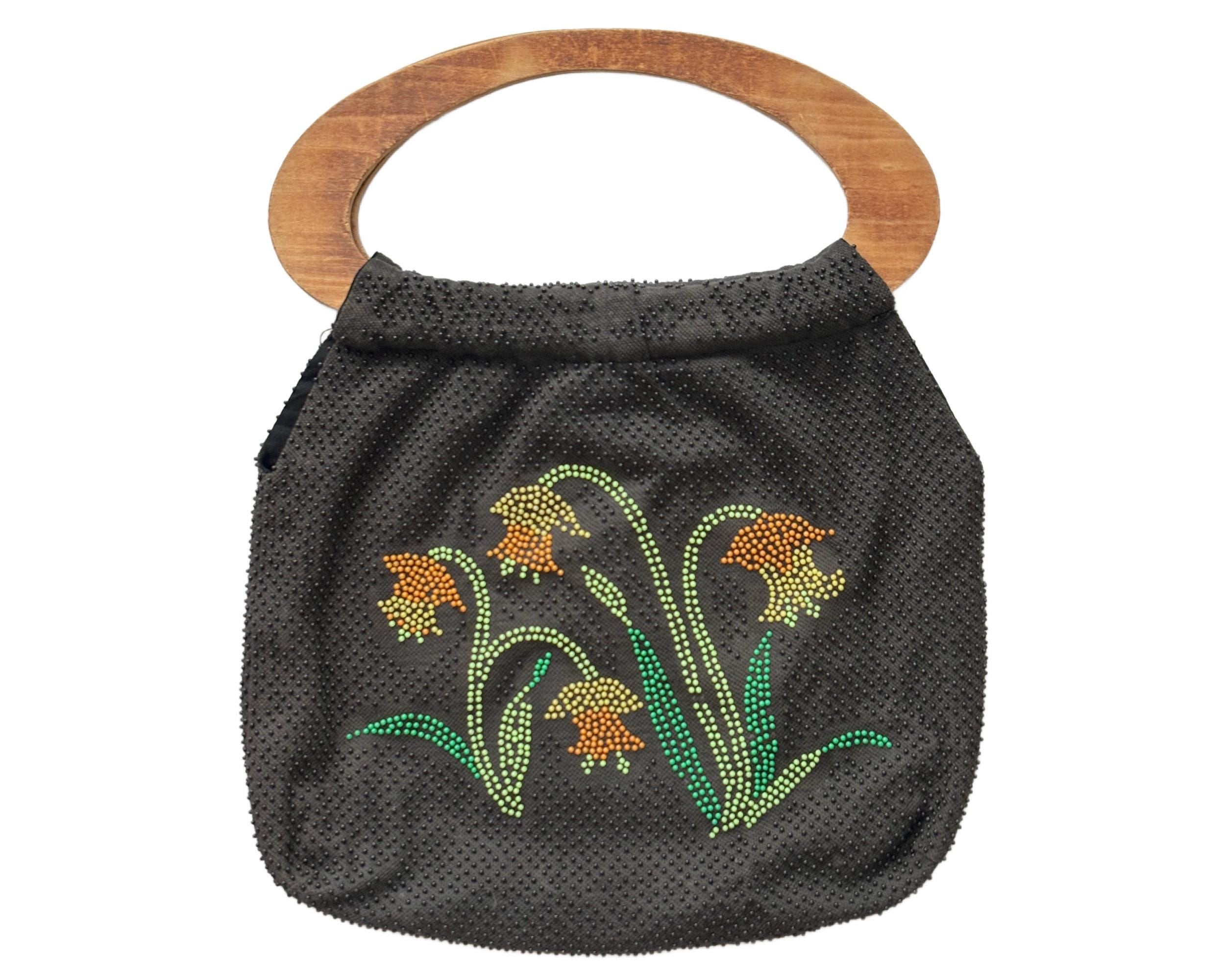 Vintage Retro 1970s Large Beaded Handbag with Daffodil Floral Design and Wooden Handle Knitting Bag