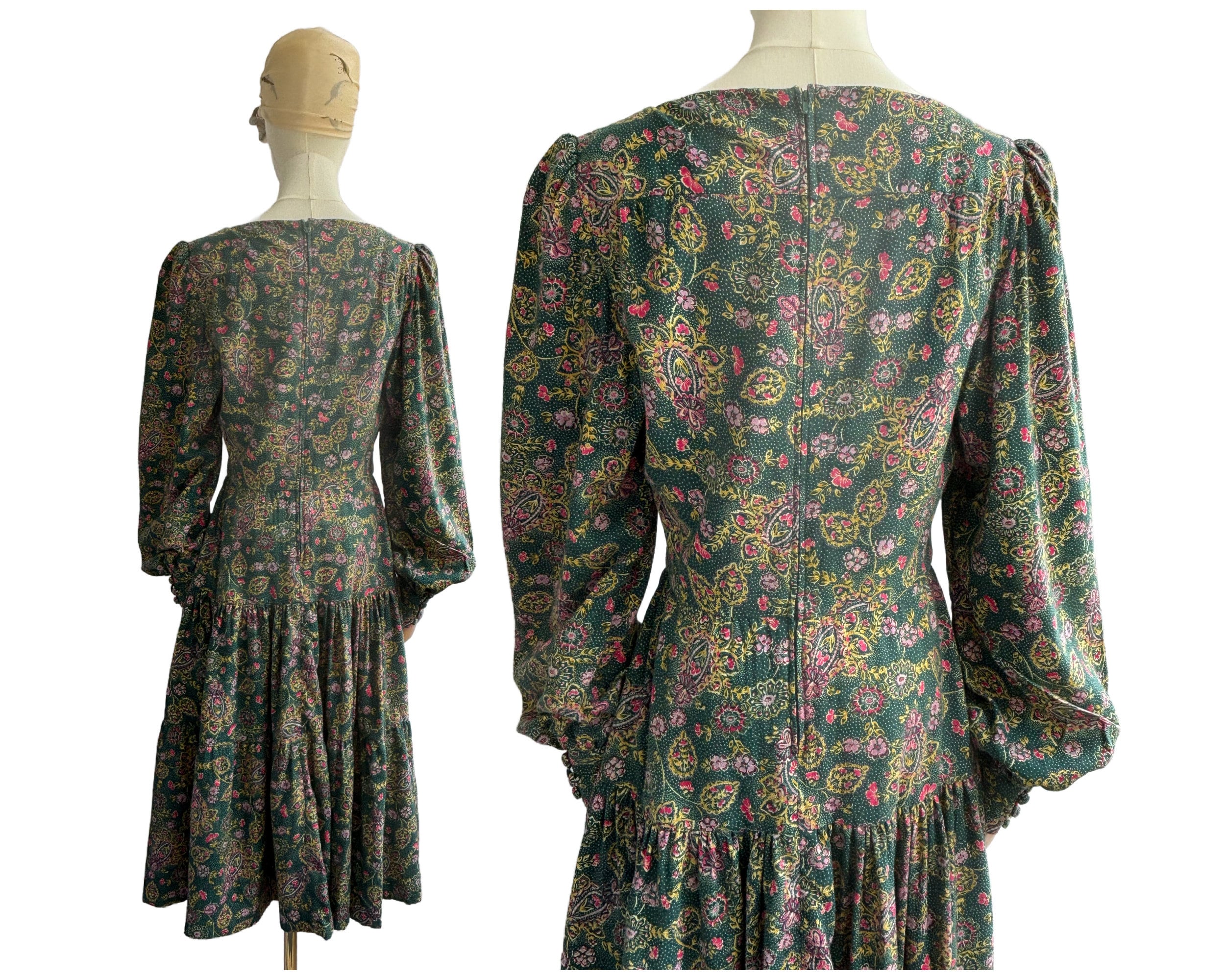 Vintage Wool Blend Green and Pink Floral Dress with Full Tiered Skirt | UK Size 10-12