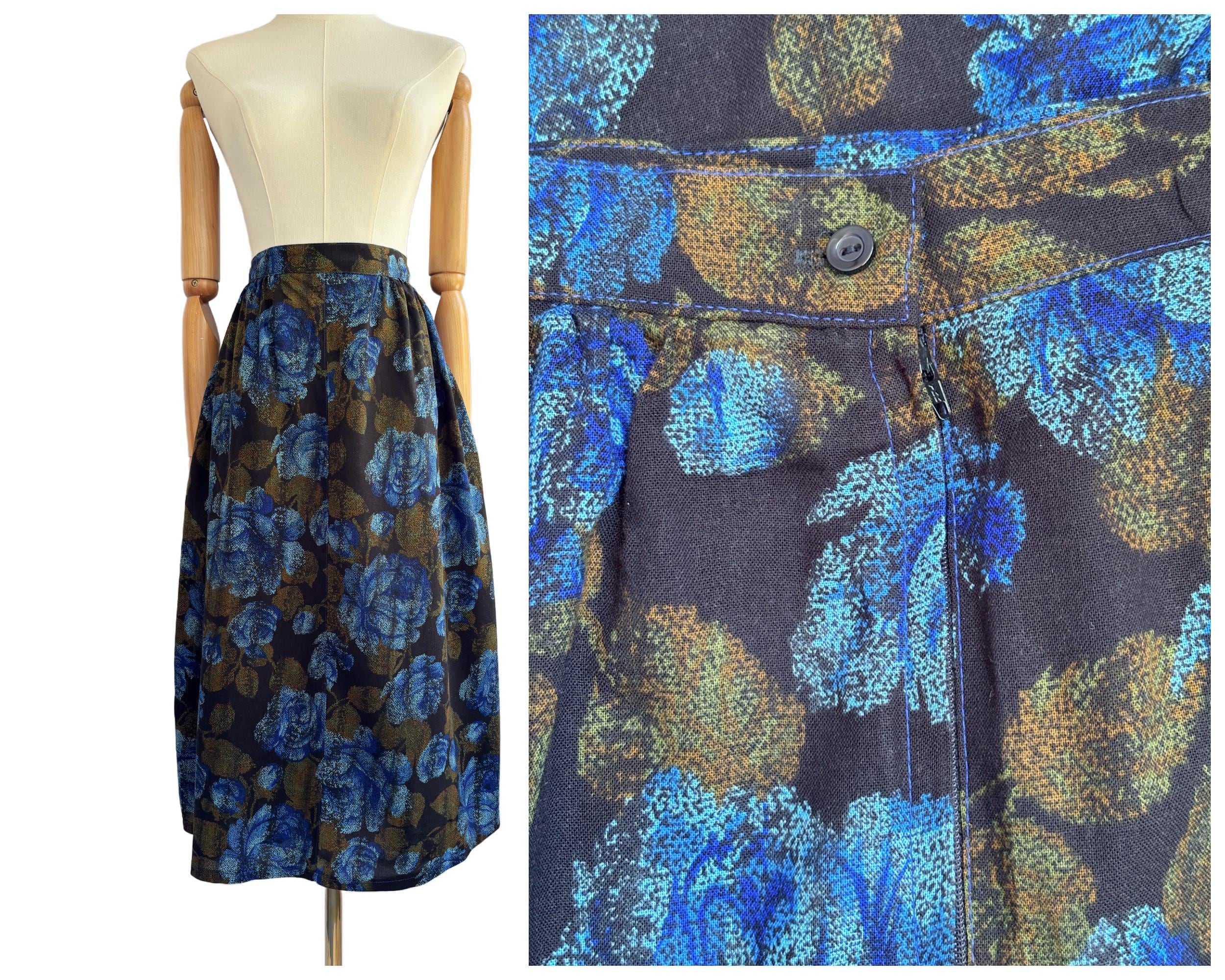 Vintage Nightingales Midi Skirt with Blue Rose Print | UK Size 14