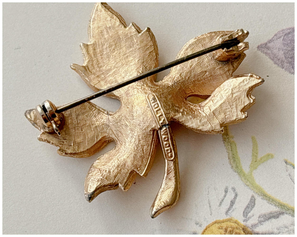 Vintage Gold Toned Autumn Maple Leaf Brooch with Small Turquoise Details by Hollywood