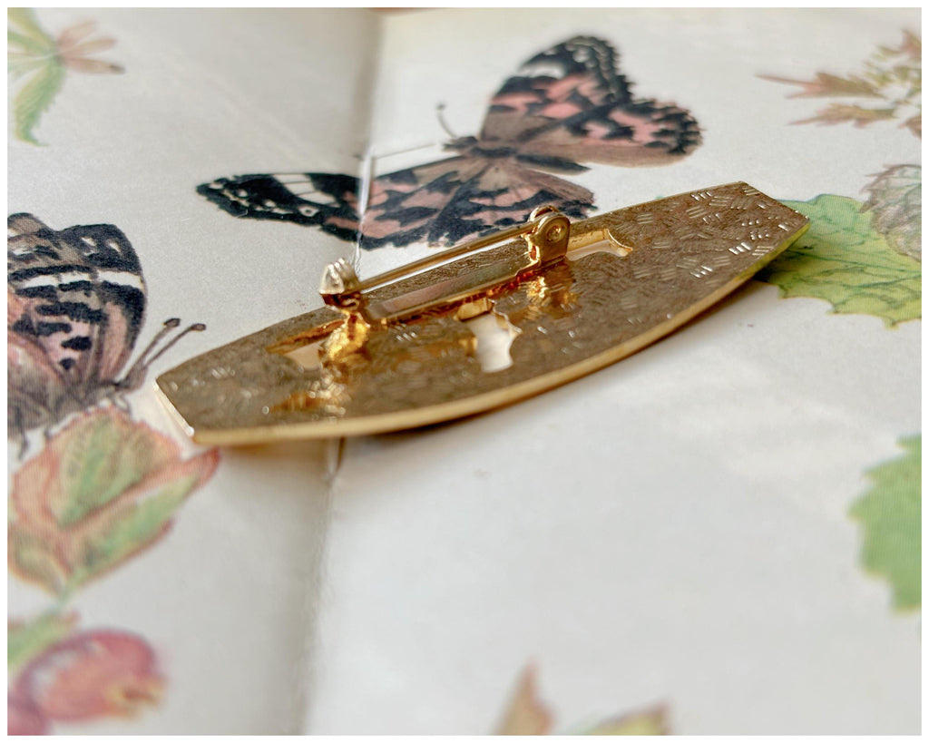 Vintage Cloisonné Flower and Butterfly Bar Brooch Gold Toned