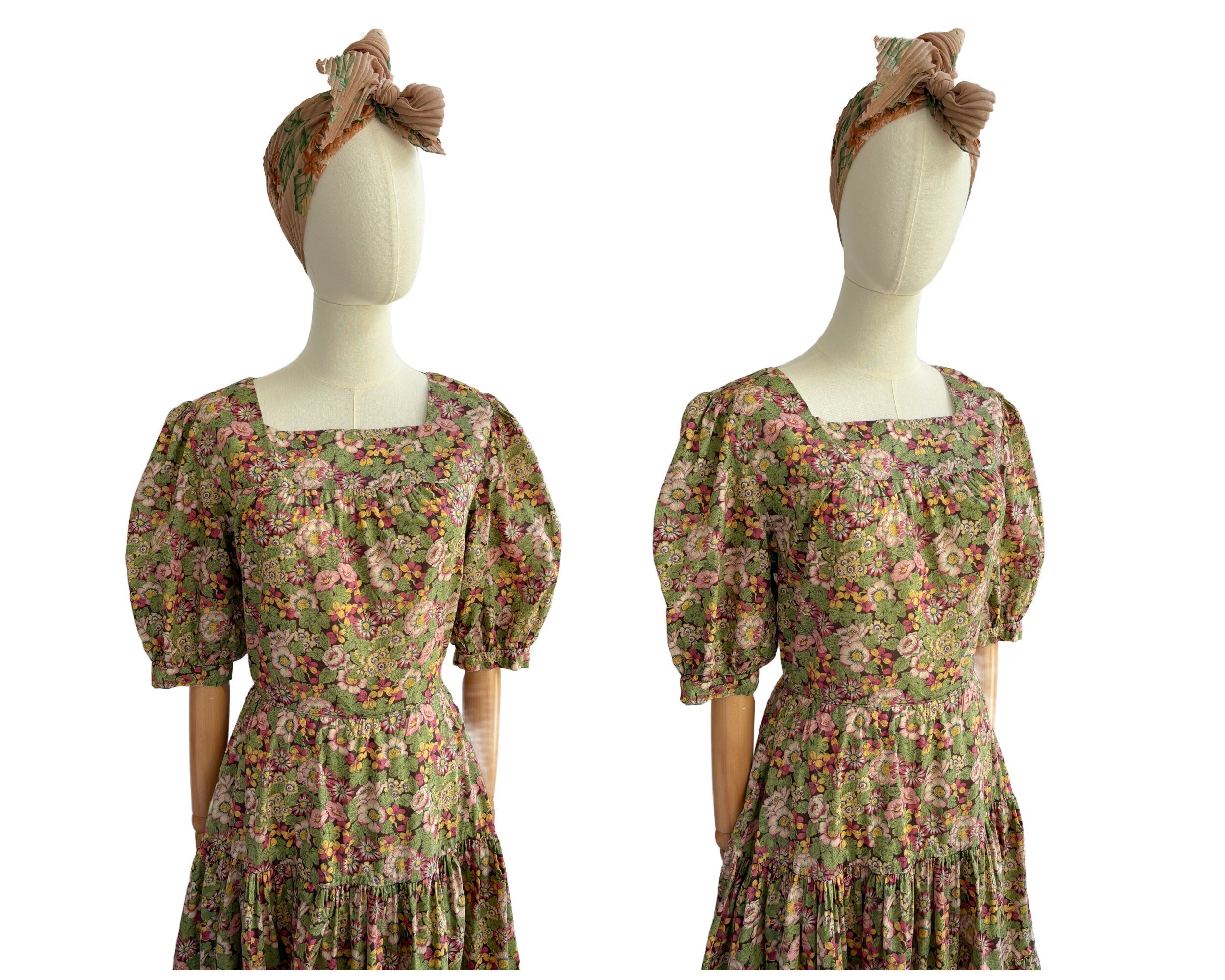 Vintage 1970s Pink and Green Floral Cotton Dress with Tiered Full Skirt | UK Size 10