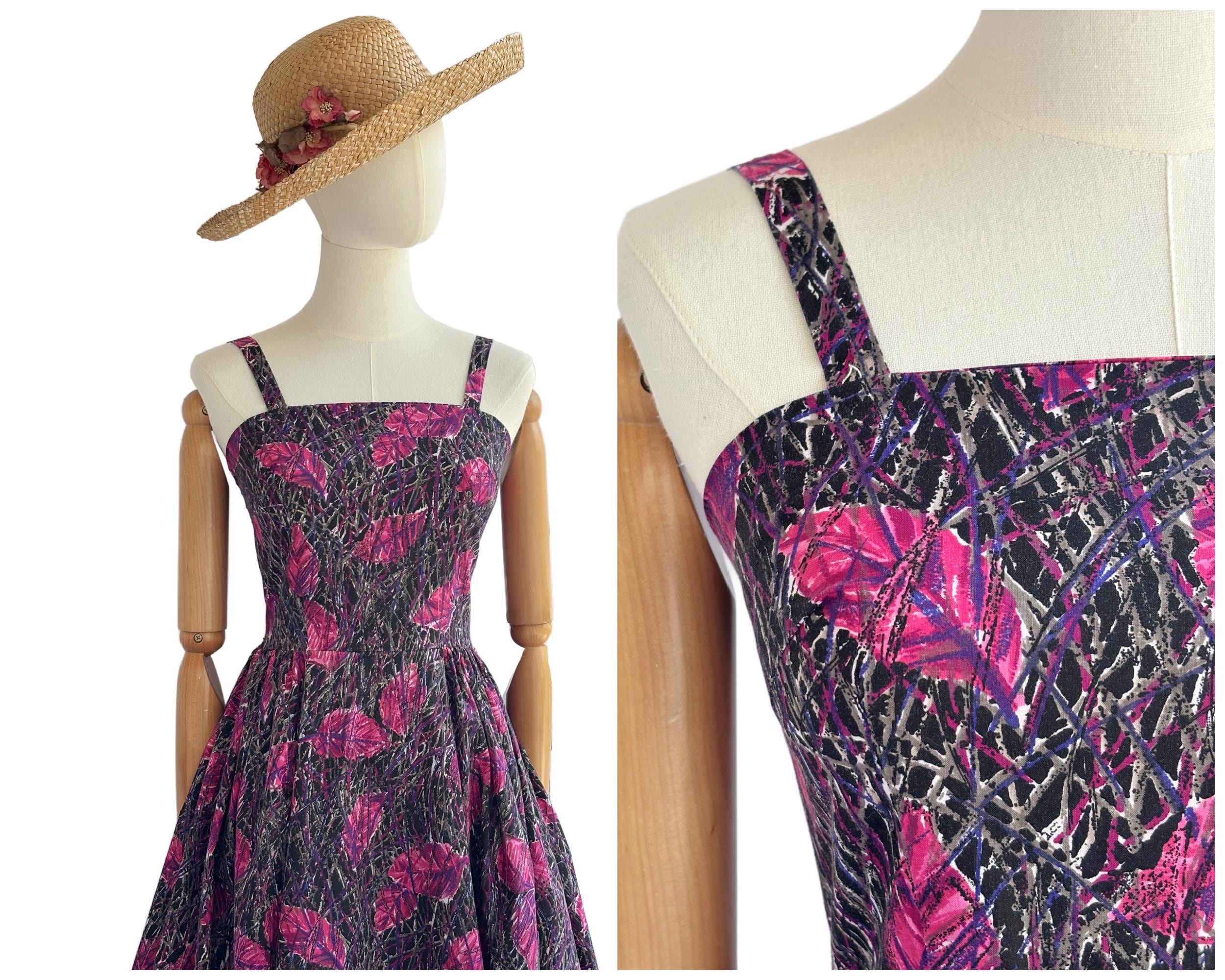 Vintage 1950s Cotton Abstract Painterly Leaf Print Strappy Dress with Full Skirt Pink Black Purple |