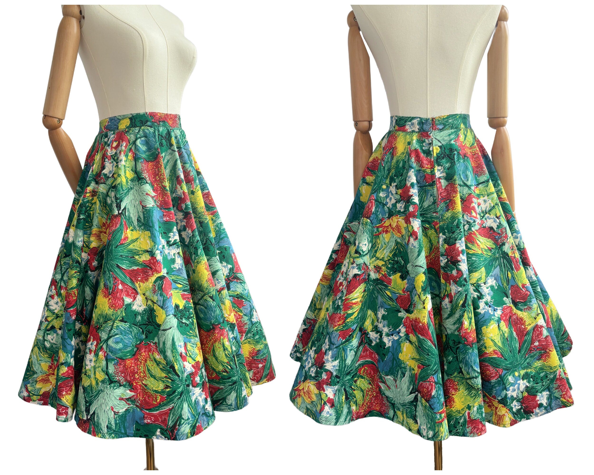Vintage 1950s Cotton Painterly Floral Full Circle Skirt Green Red Yellow Blue | UK Size 12