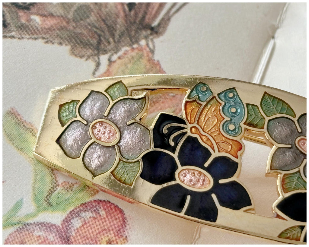 Vintage Cloisonné Flower and Butterfly Bar Brooch Gold Toned